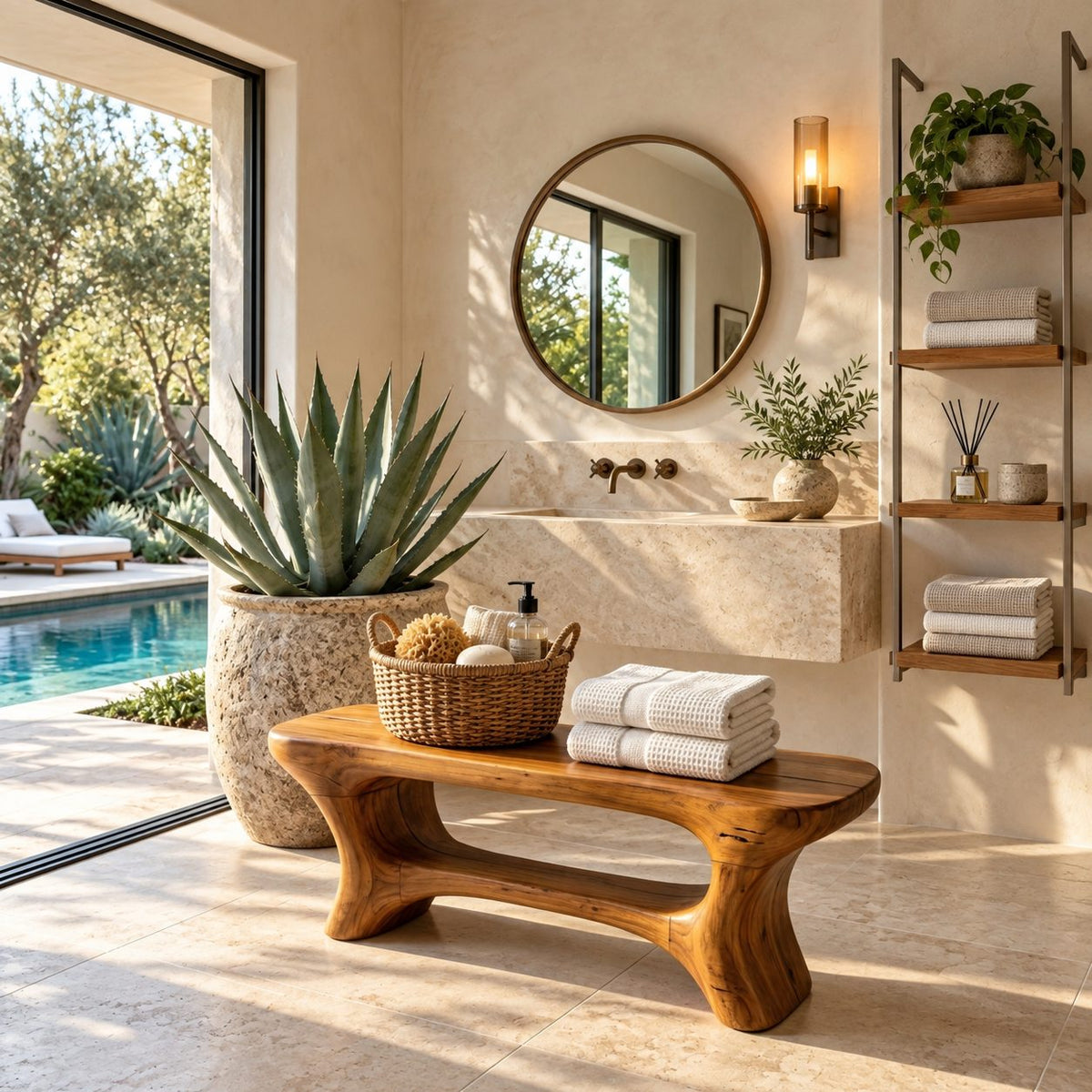 Open Center Organic Shower Bench, Sculpted Solid Wood Bathroom Bench with Low Curved Shelf, 39-65 Inch