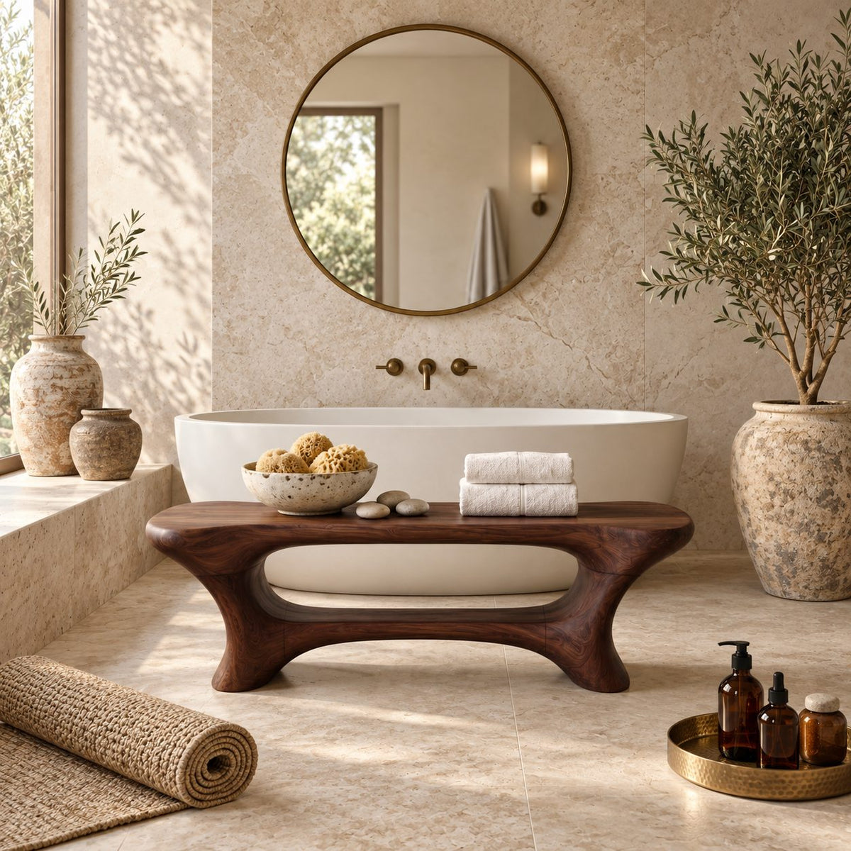 Open Center Organic Shower Bench, Sculpted Solid Wood Bathroom Bench with Low Curved Shelf, 39-65 Inch