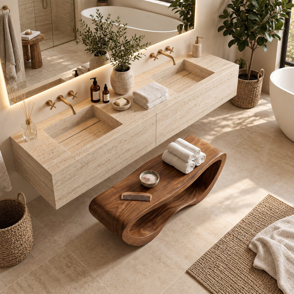 Ribbon Loop Shower Bench, Continuous Curve Solid Wood Bathroom Bench with Wavy Towel Shelf, 39-65 Inch