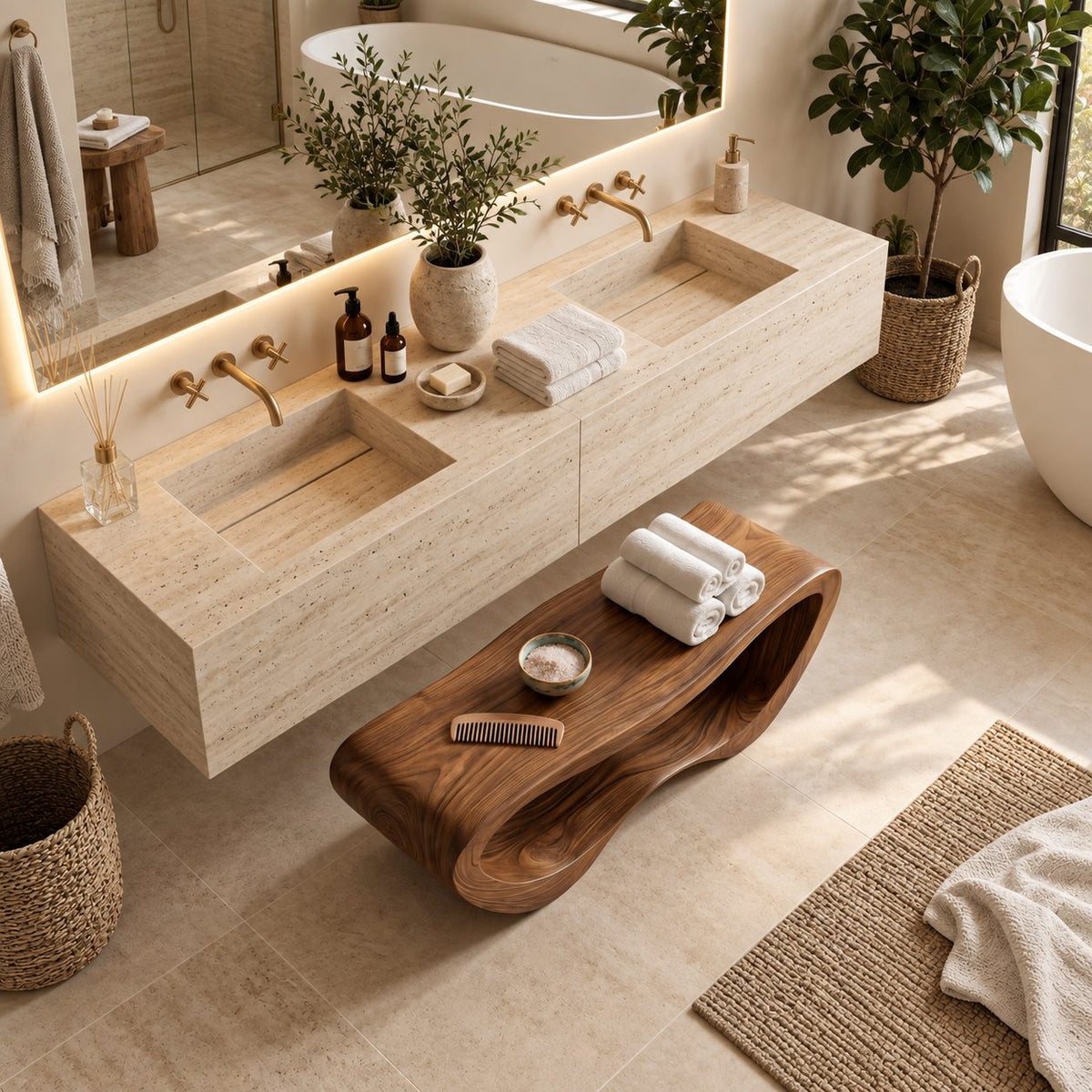 Ribbon Loop Shower Bench, Continuous Curve Solid Wood Bathroom Bench with Wavy Towel Shelf, 39-65 Inch