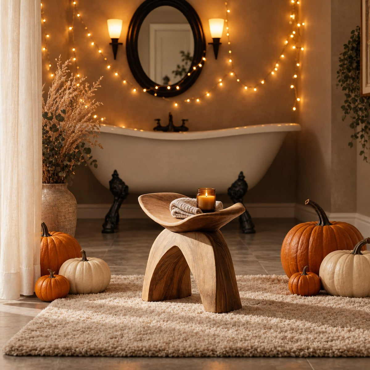 Swallowtail Wing Shower Stool, Sculpted Solid Wood Bath Seat with Upswept Top and Arched Base, 16 Inch