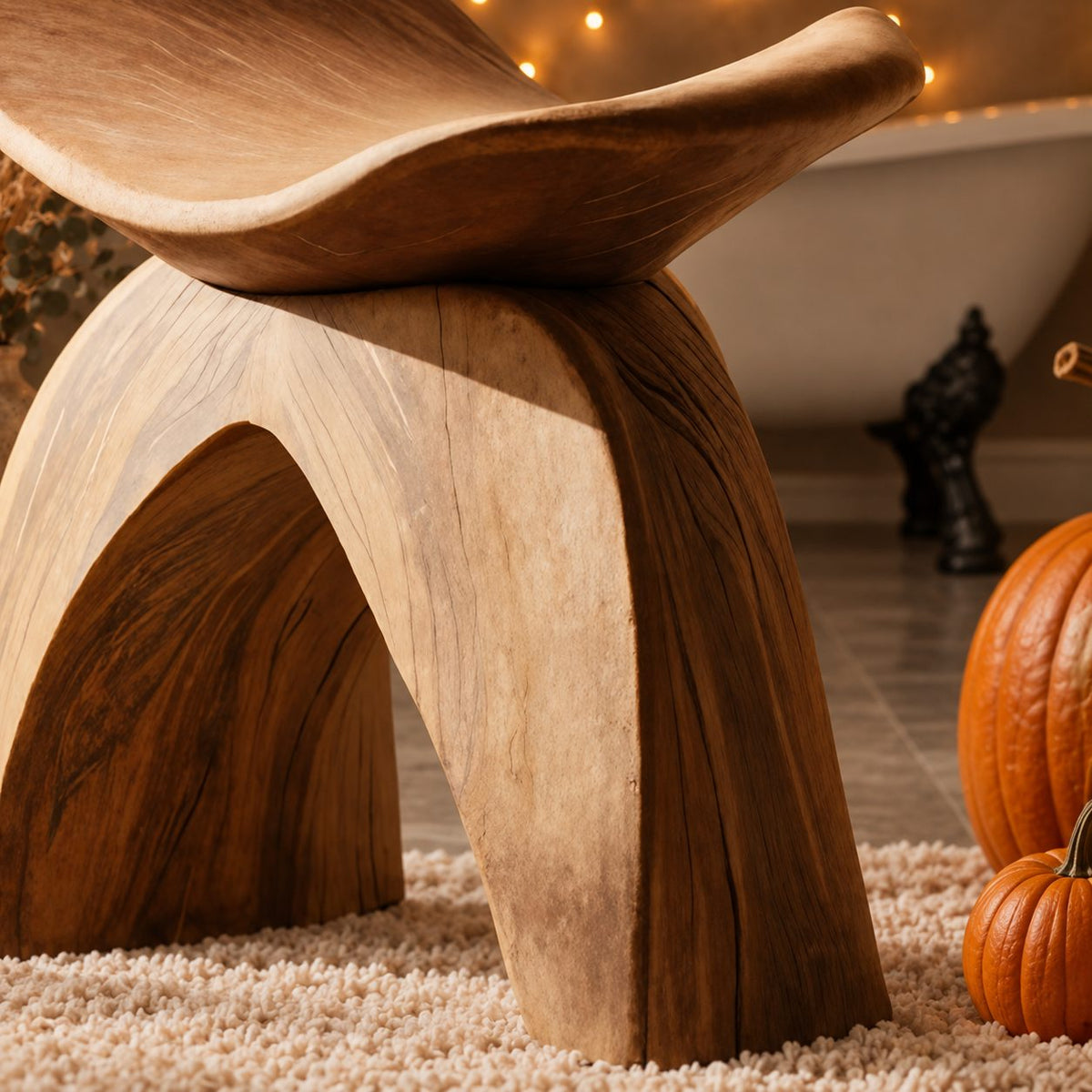 Swallowtail Wing Shower Stool, Sculpted Solid Wood Bath Seat with Upswept Top and Arched Base, 16 Inch