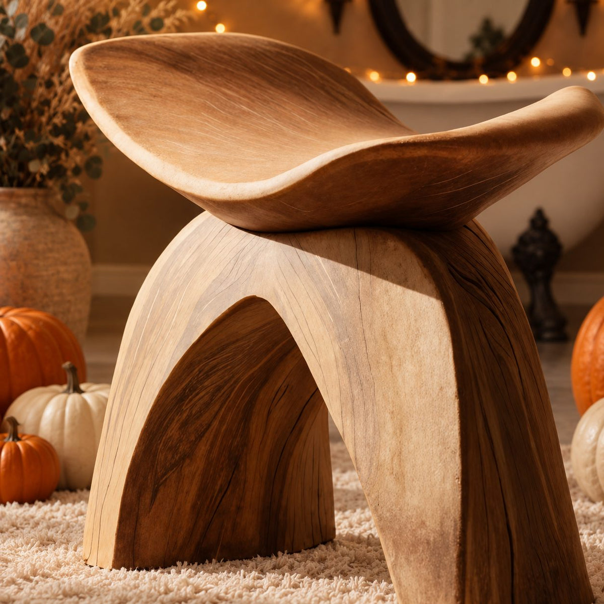Swallowtail Wing Shower Stool, Sculpted Solid Wood Bath Seat with Upswept Top and Arched Base, 16 Inch