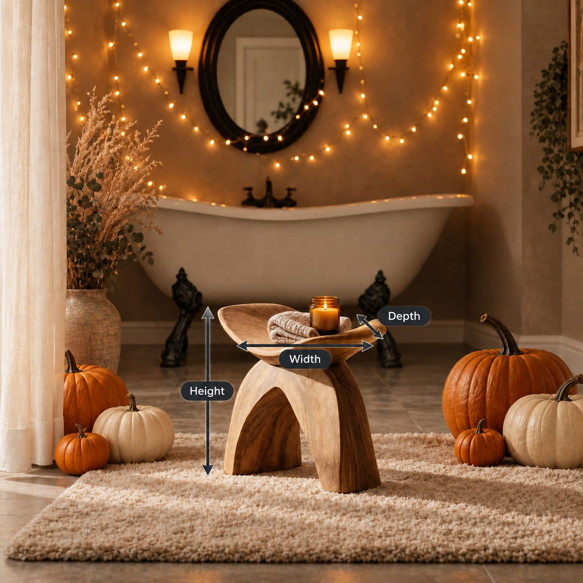 Swallowtail Wing Shower Stool, Sculpted Solid Wood Bath Seat with Upswept Top and Arched Base, 16 Inch