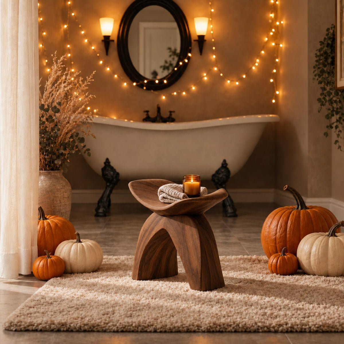 Swallowtail Wing Shower Stool, Sculpted Solid Wood Bath Seat with Upswept Top and Arched Base, 16 Inch