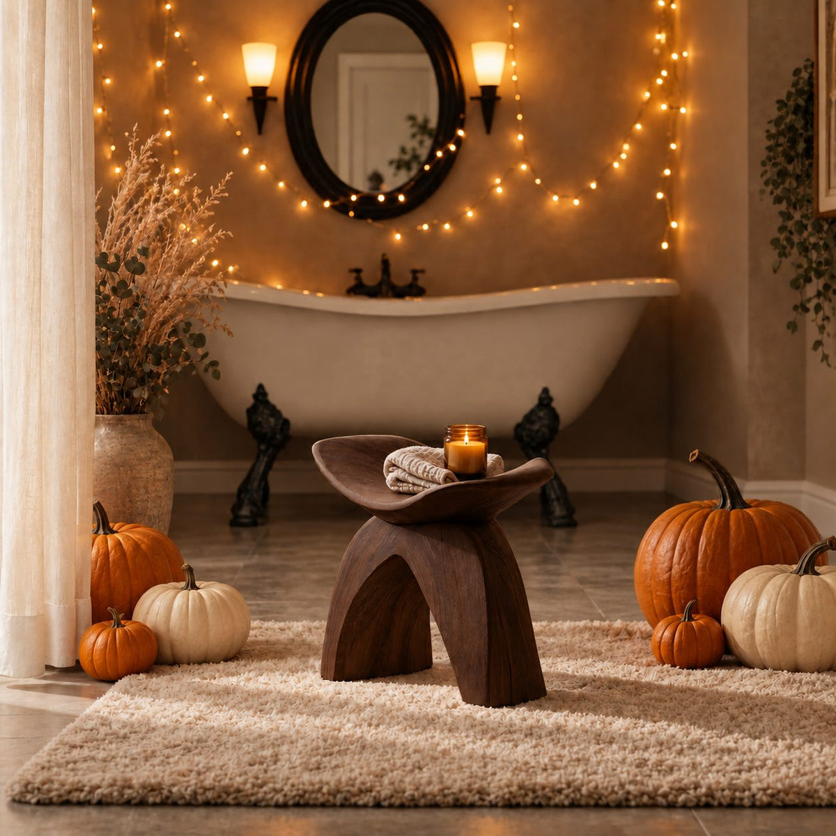 Swallowtail Wing Shower Stool, Sculpted Solid Wood Bath Seat with Upswept Top and Arched Base, 16 Inch