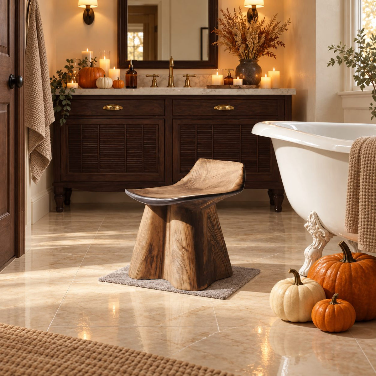 Flared Trunk Pedestal Shower Stool, Carved Solid Wood Bath Seat with Scooped Lipped Top, 14 Inch