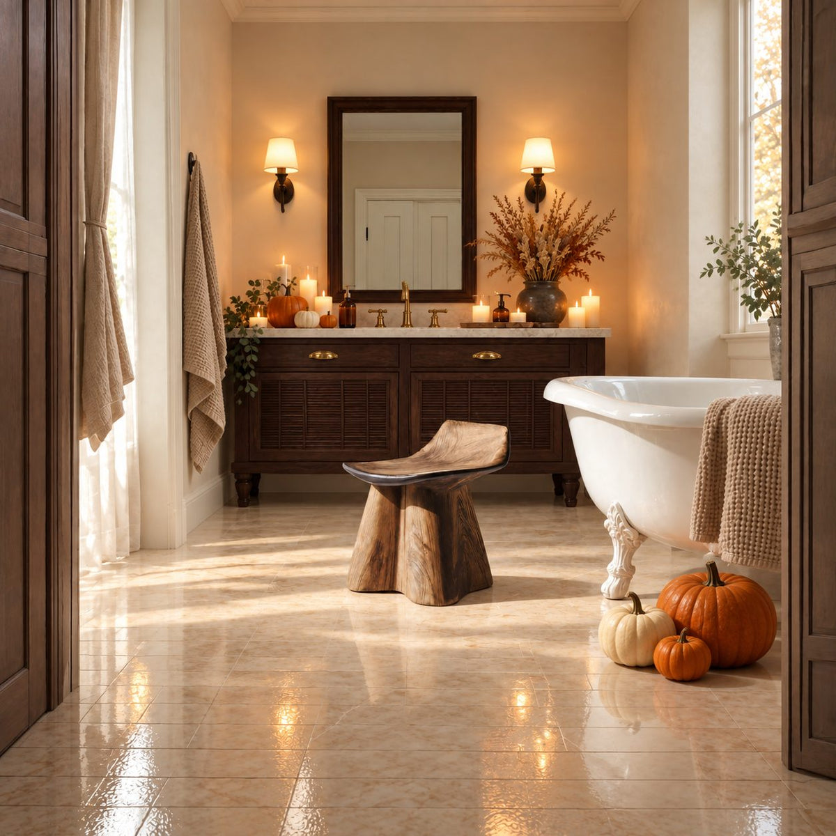 Flared Trunk Pedestal Shower Stool, Carved Solid Wood Bath Seat with Scooped Lipped Top, 14 Inch
