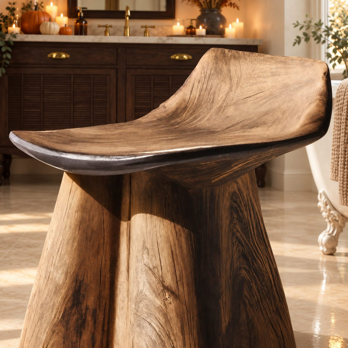 Flared Trunk Pedestal Shower Stool, Carved Solid Wood Bath Seat with Scooped Lipped Top, 14 Inch