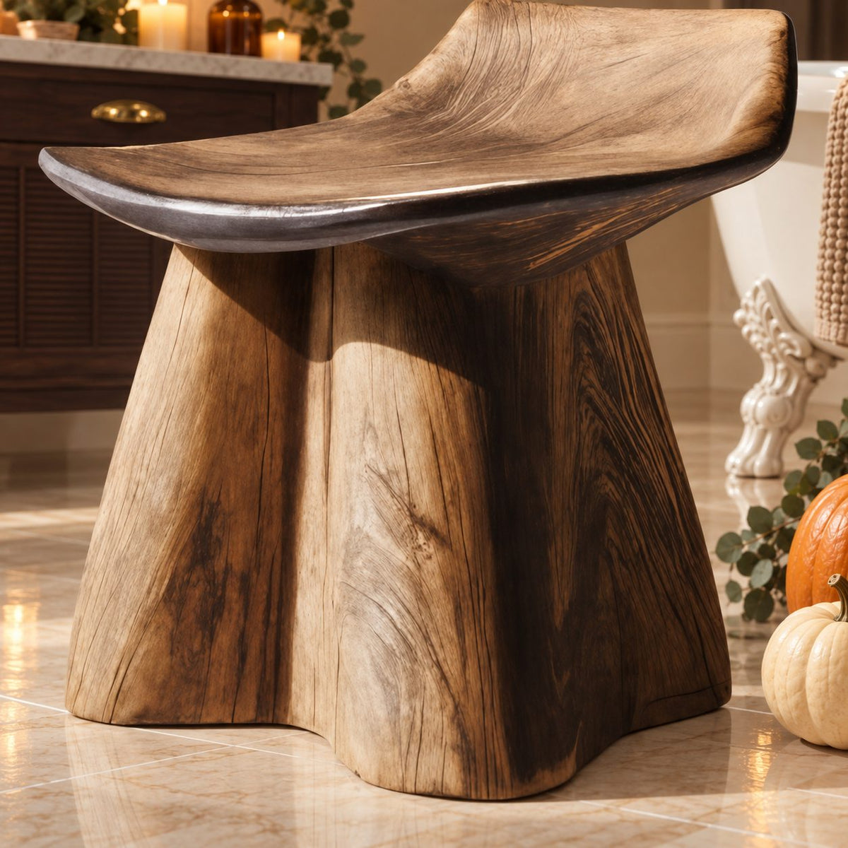 Flared Trunk Pedestal Shower Stool, Carved Solid Wood Bath Seat with Scooped Lipped Top, 14 Inch