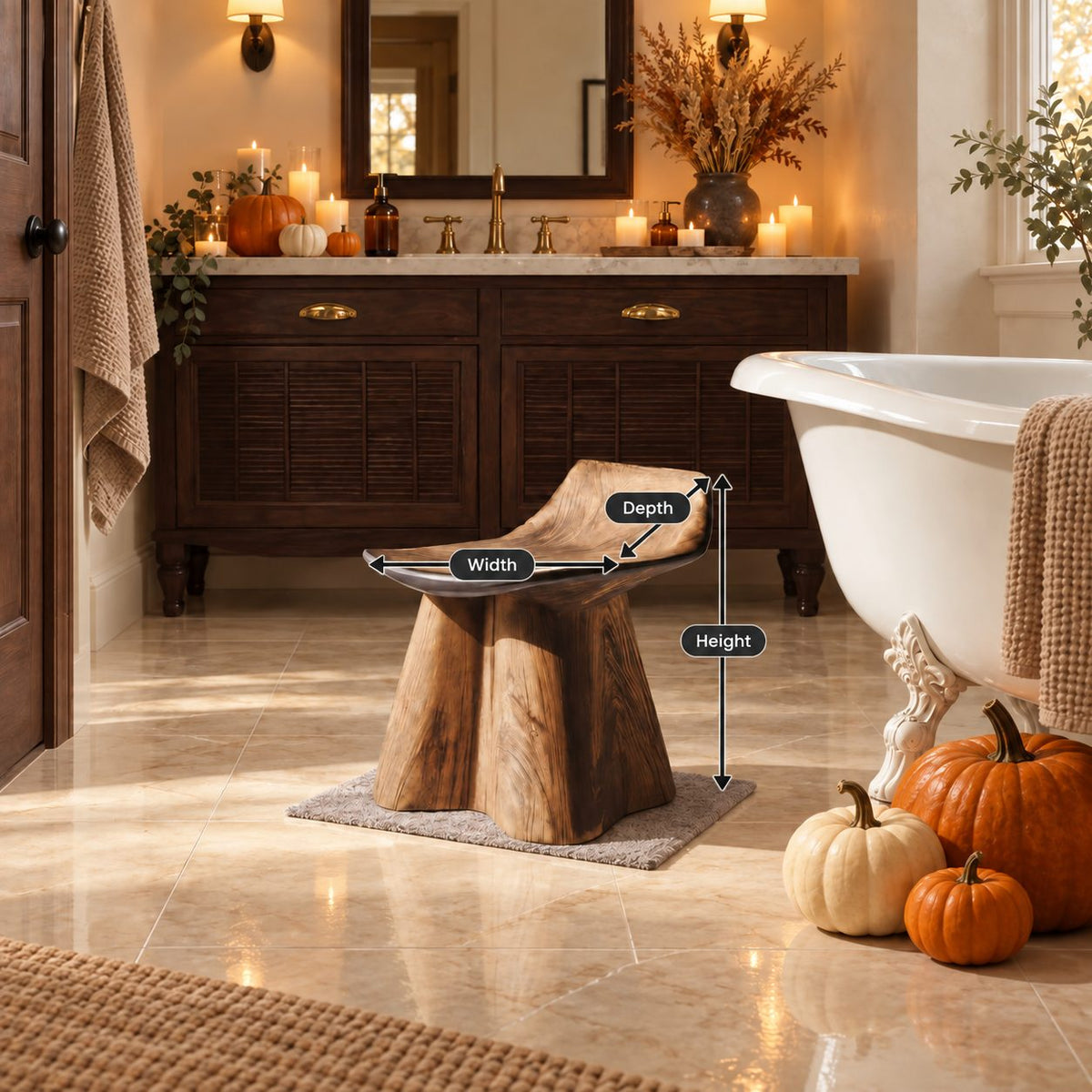 Flared Trunk Pedestal Shower Stool, Carved Solid Wood Bath Seat with Scooped Lipped Top, 14 Inch