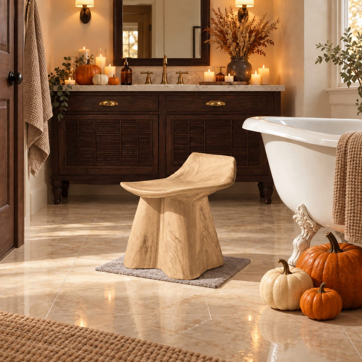 Flared Trunk Pedestal Shower Stool, Carved Solid Wood Bath Seat with Scooped Lipped Top, 14 Inch