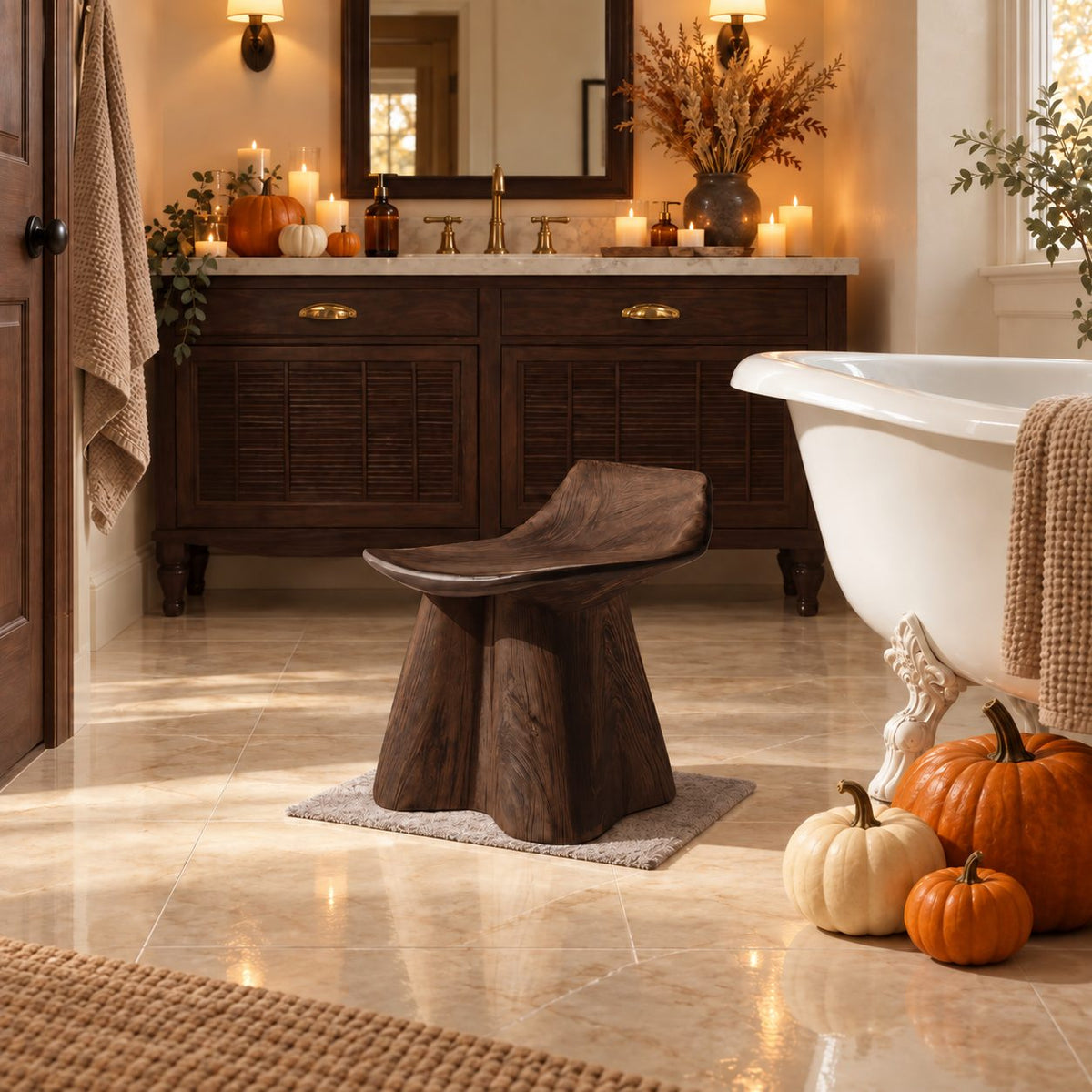 Flared Trunk Pedestal Shower Stool, Carved Solid Wood Bath Seat with Scooped Lipped Top, 14 Inch