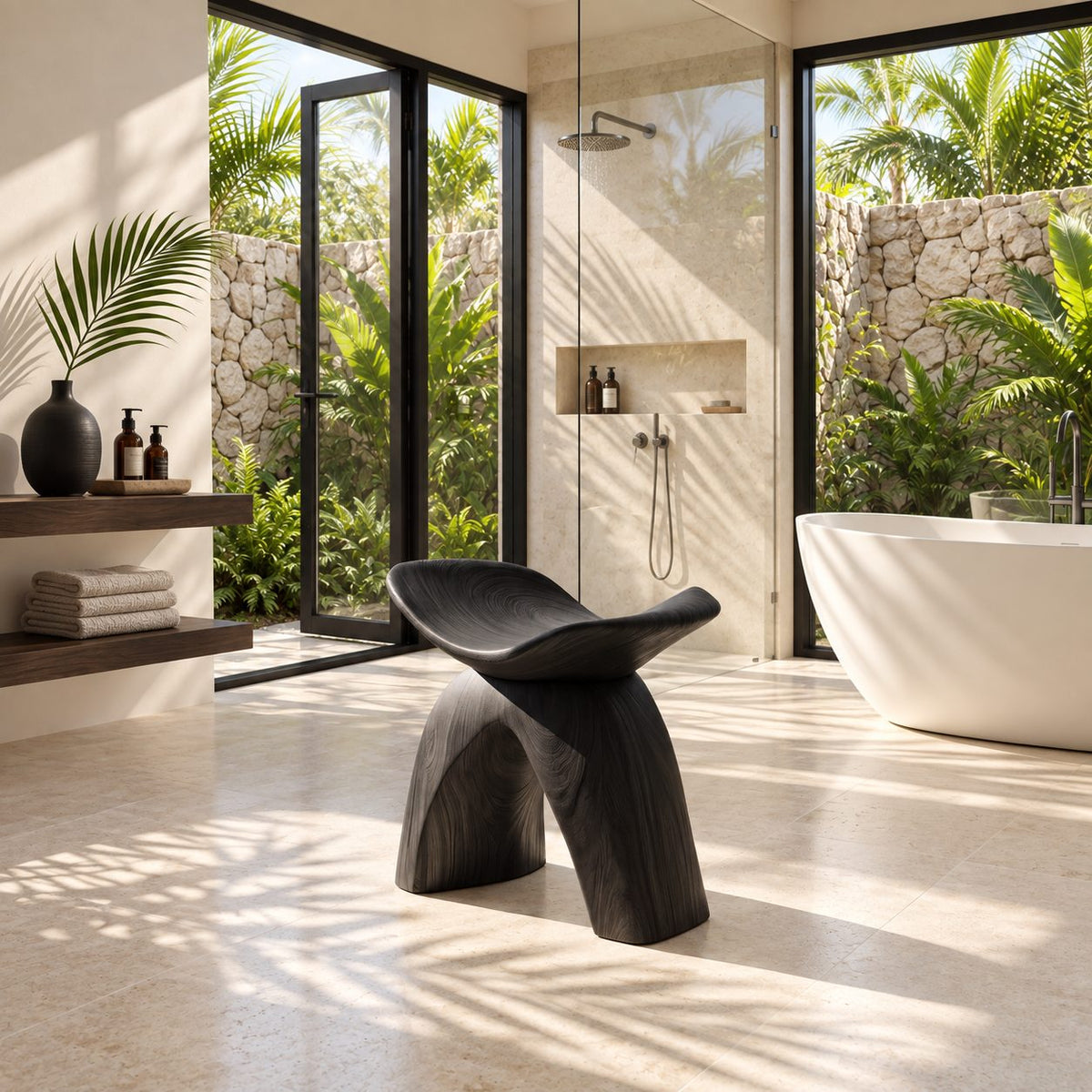 Horseshoe Arch Shower Stool, Solid Wood Bath Seat with Curled Saddle Top on Two Wide Curved Legs, 16 Inch
