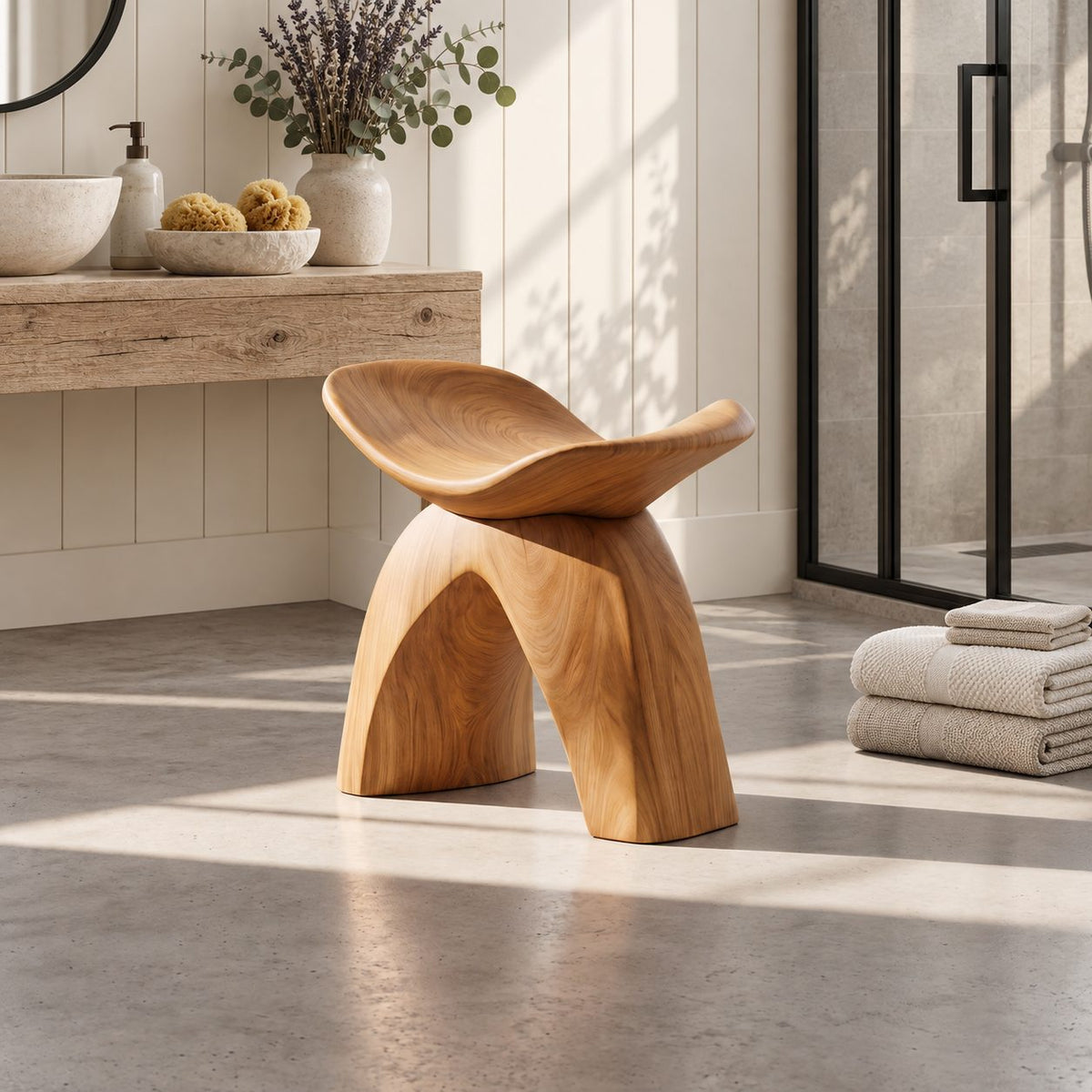 Horseshoe Arch Shower Stool, Solid Wood Bath Seat with Curled Saddle Top on Two Wide Curved Legs, 16 Inch