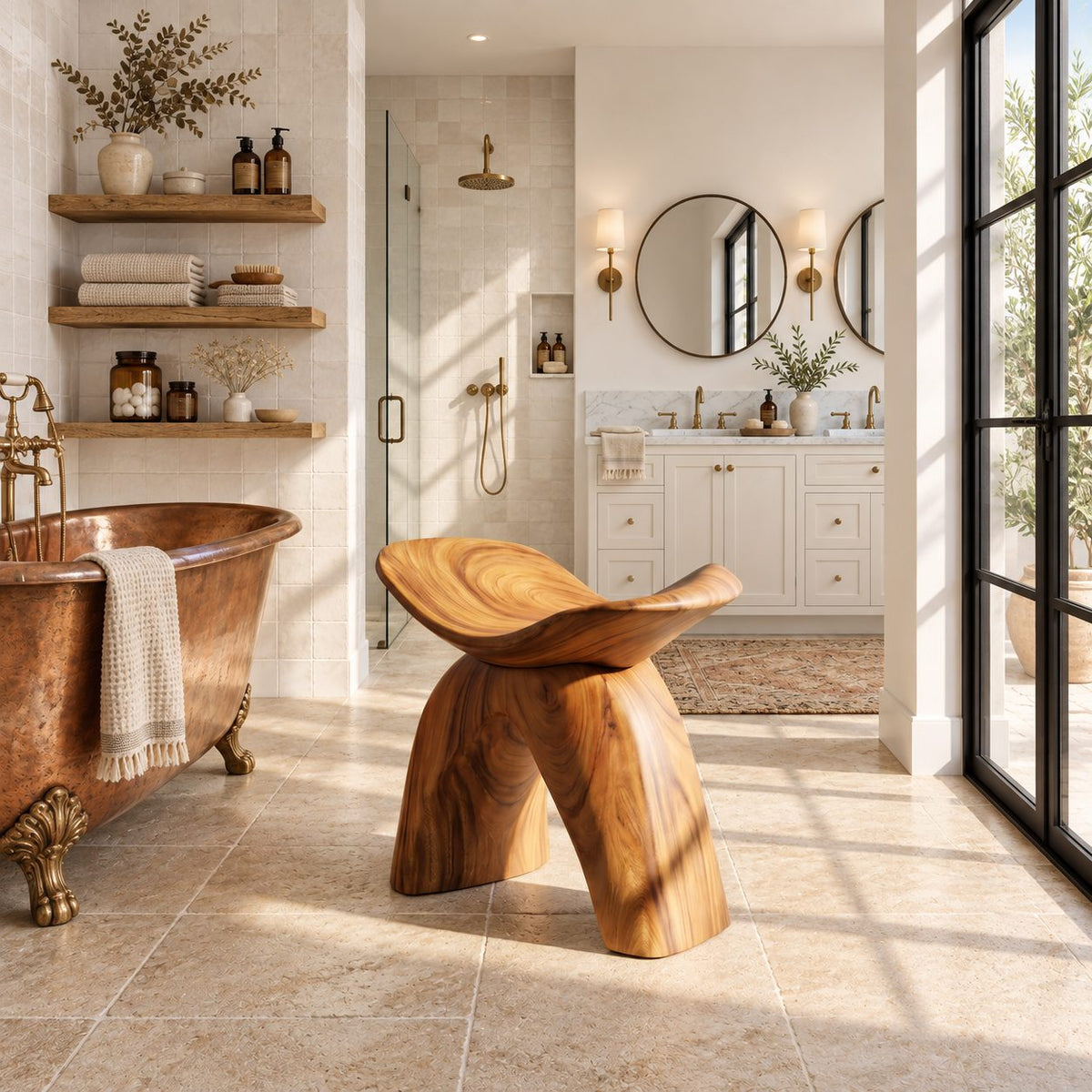 Horseshoe Arch Shower Stool, Solid Wood Bath Seat with Curled Saddle Top on Two Wide Curved Legs, 16 Inch