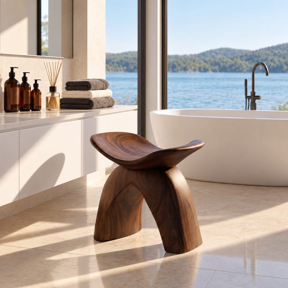 Horseshoe Arch Shower Stool, Solid Wood Bath Seat with Curled Saddle Top on Two Wide Curved Legs, 16 Inch