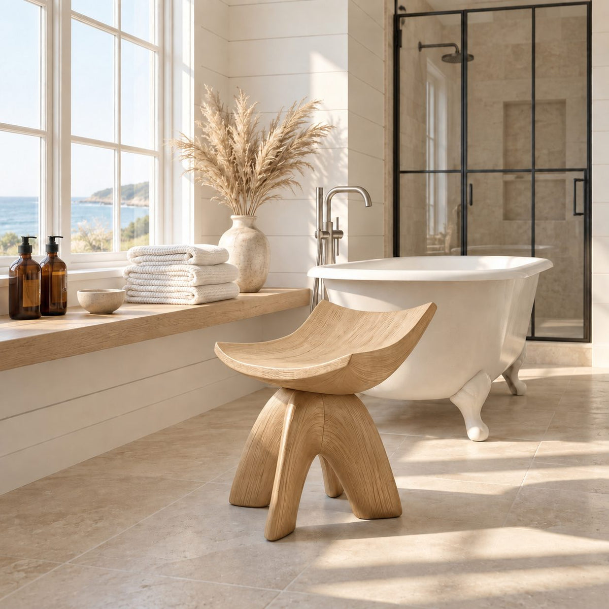 Cradle Seat Shower Stool, Carved Solid Wood Bath Stool with High Curled Sides on Curved Splayed Legs, 16 Inch
