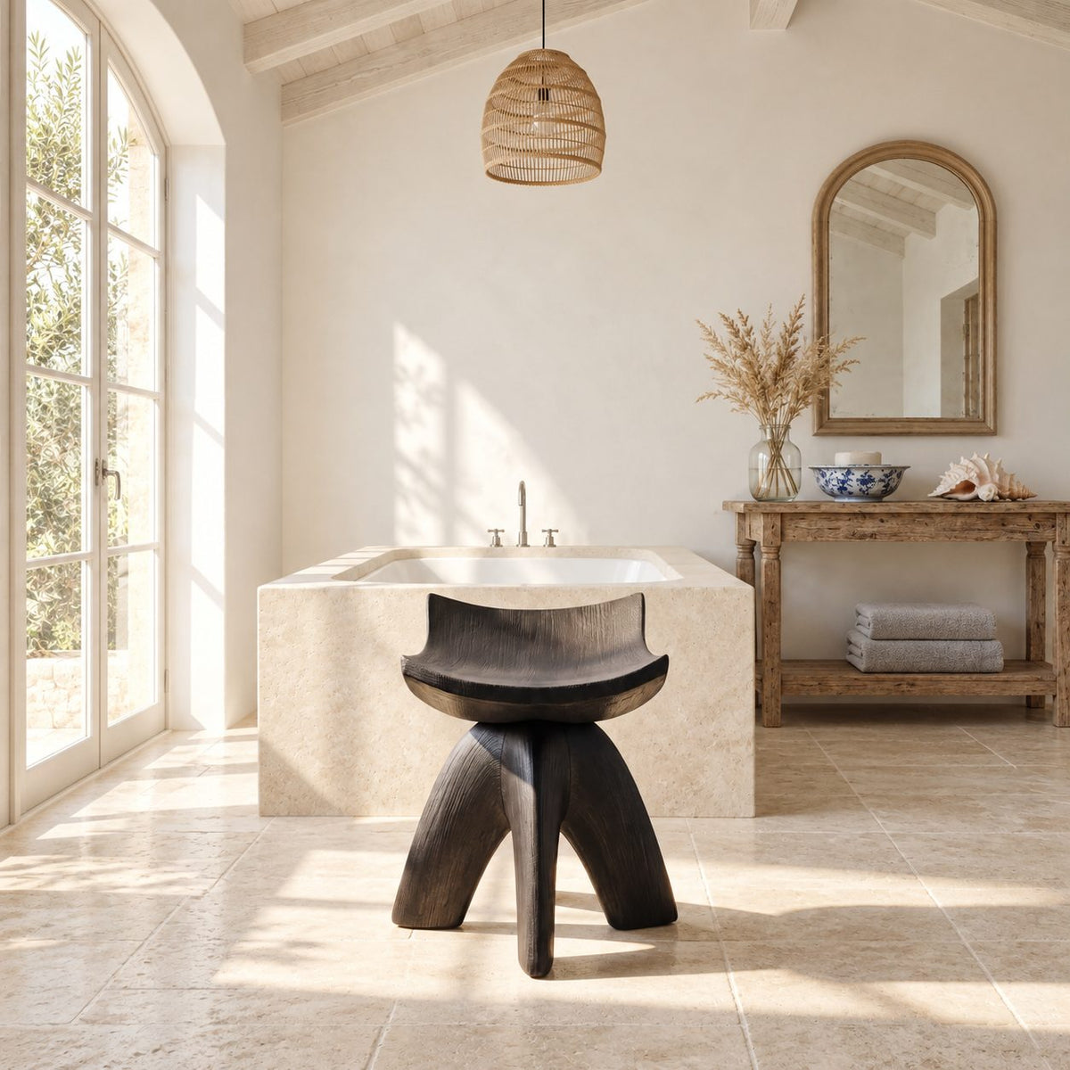 Cradle Seat Shower Stool, Carved Solid Wood Bath Stool with High Curled Sides on Curved Splayed Legs, 16 Inch
