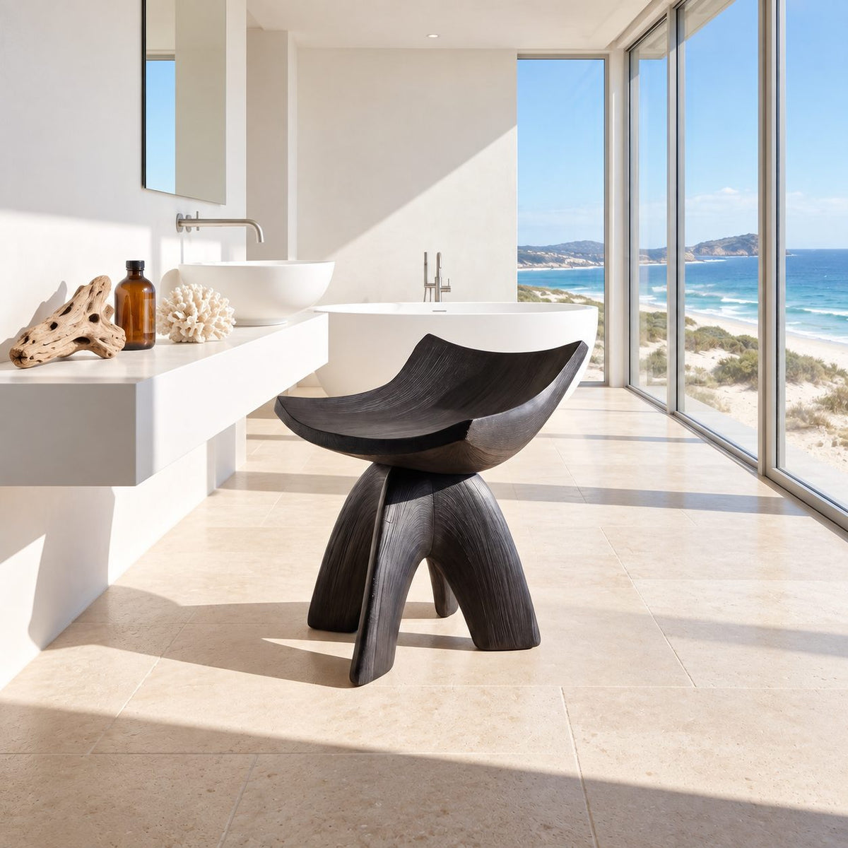 Cradle Seat Shower Stool, Carved Solid Wood Bath Stool with High Curled Sides on Curved Splayed Legs, 16 Inch