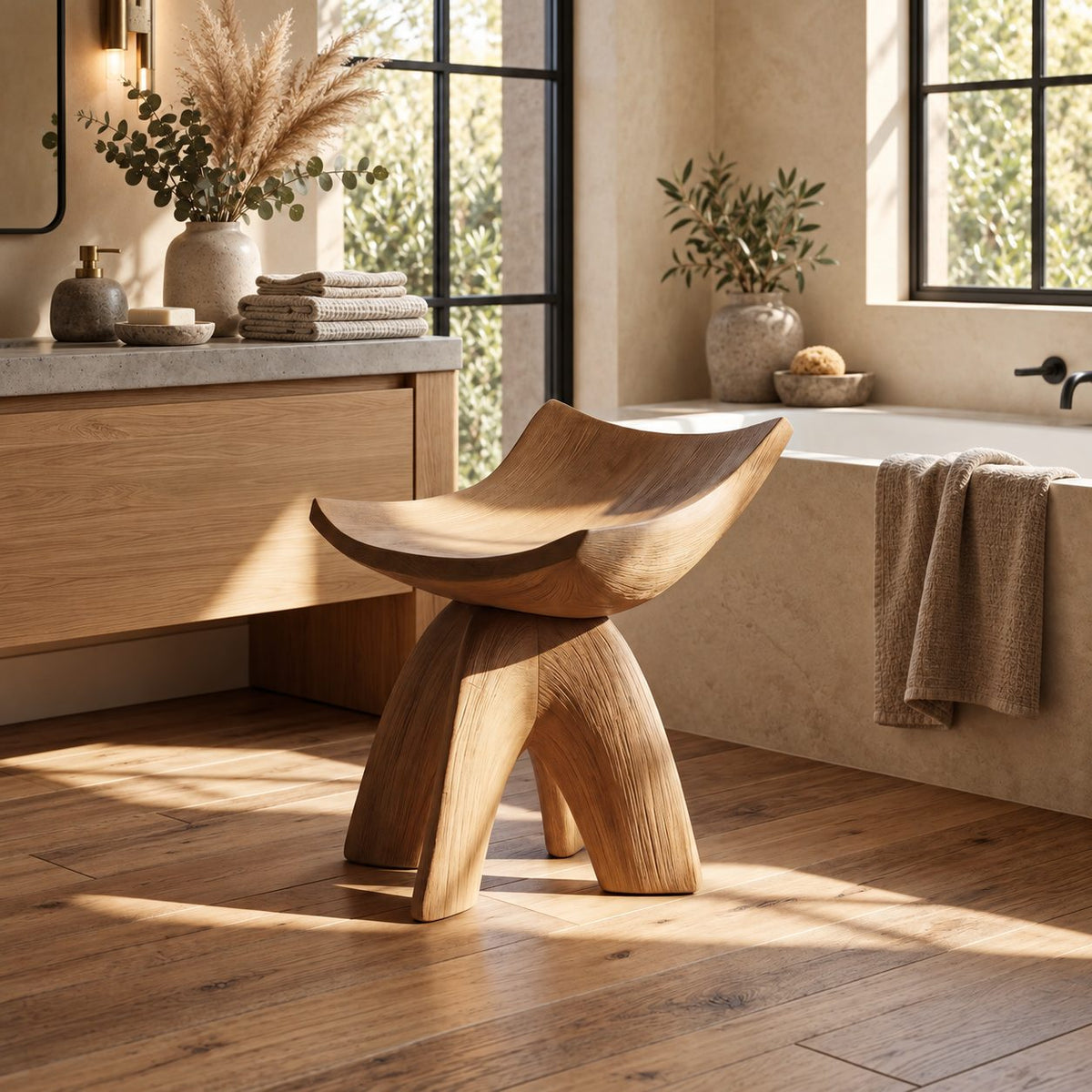 Cradle Seat Shower Stool, Carved Solid Wood Bath Stool with High Curled Sides on Curved Splayed Legs, 16 Inch
