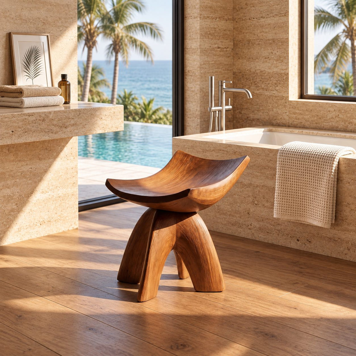 Cradle Seat Shower Stool, Carved Solid Wood Bath Stool with High Curled Sides on Curved Splayed Legs, 16 Inch