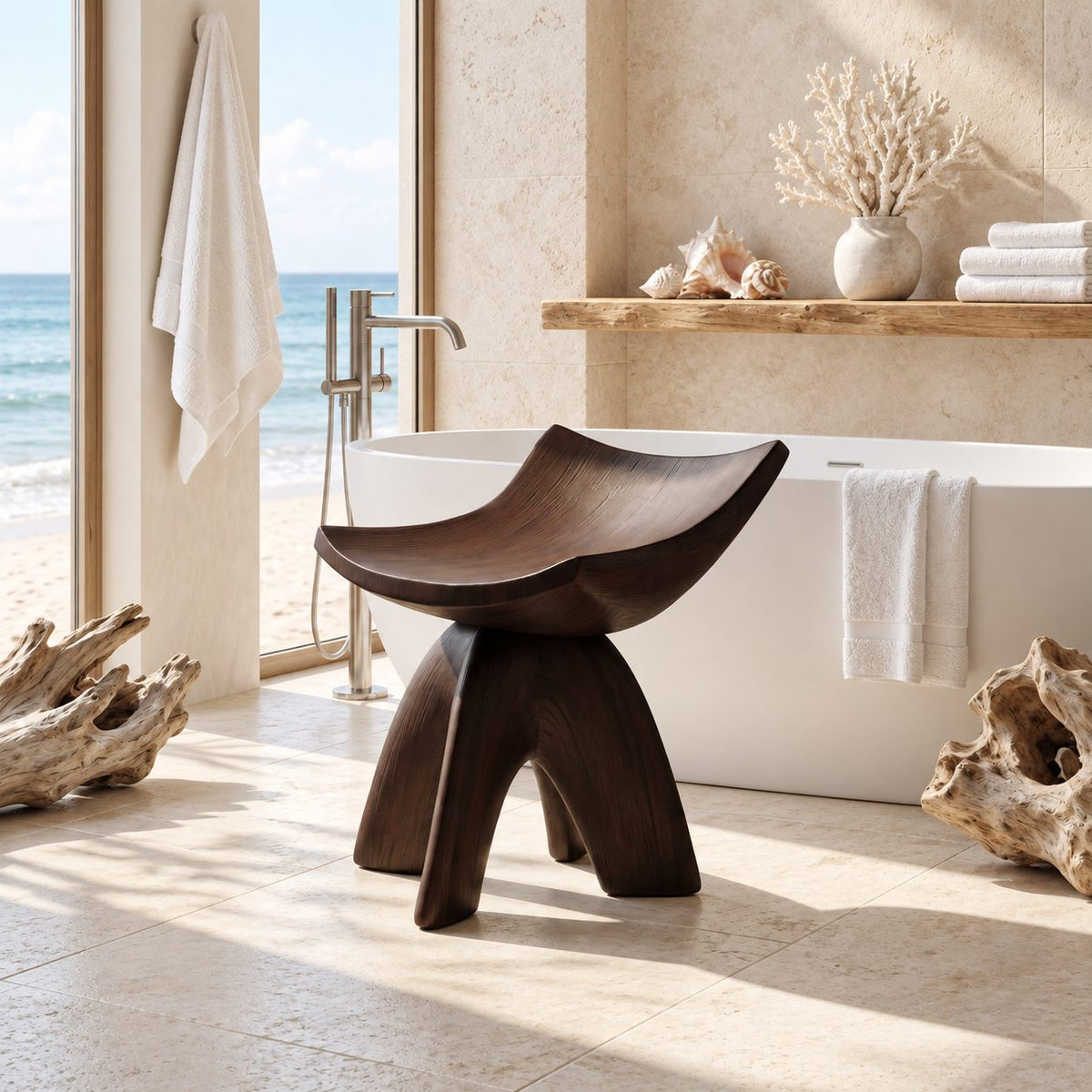 Cradle Seat Shower Stool, Carved Solid Wood Bath Stool with High Curled Sides on Curved Splayed Legs, 16 Inch