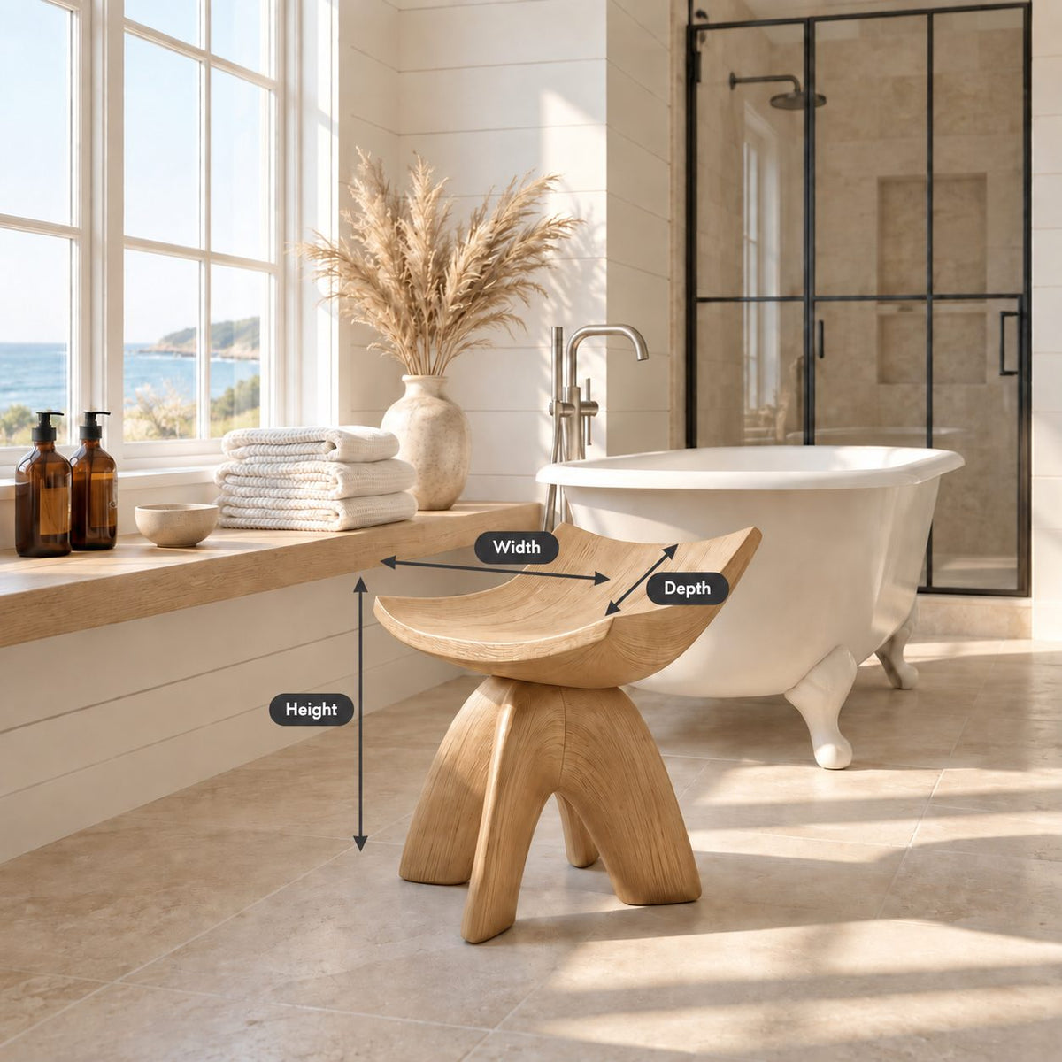 Cradle Seat Shower Stool, Carved Solid Wood Bath Stool with High Curled Sides on Curved Splayed Legs, 16 Inch