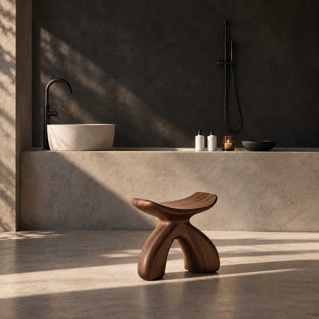 Rounded Wishbone Shower Stool, Smooth Solid Wood Bath Seat with Saddle Top on a Soft Arched Base, 16 Inch