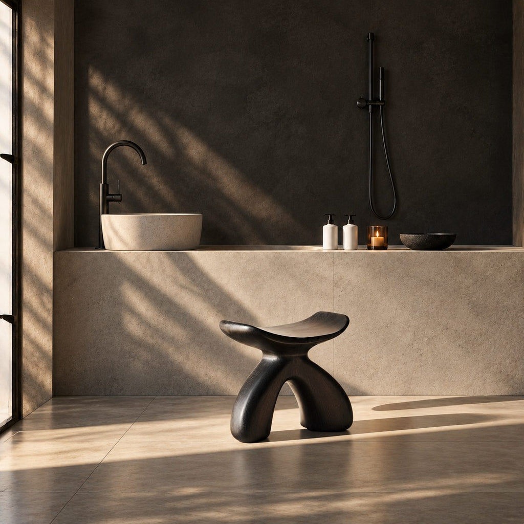 Rounded Wishbone Shower Stool, Smooth Solid Wood Bath Seat with Saddle Top on a Soft Arched Base, 16 Inch