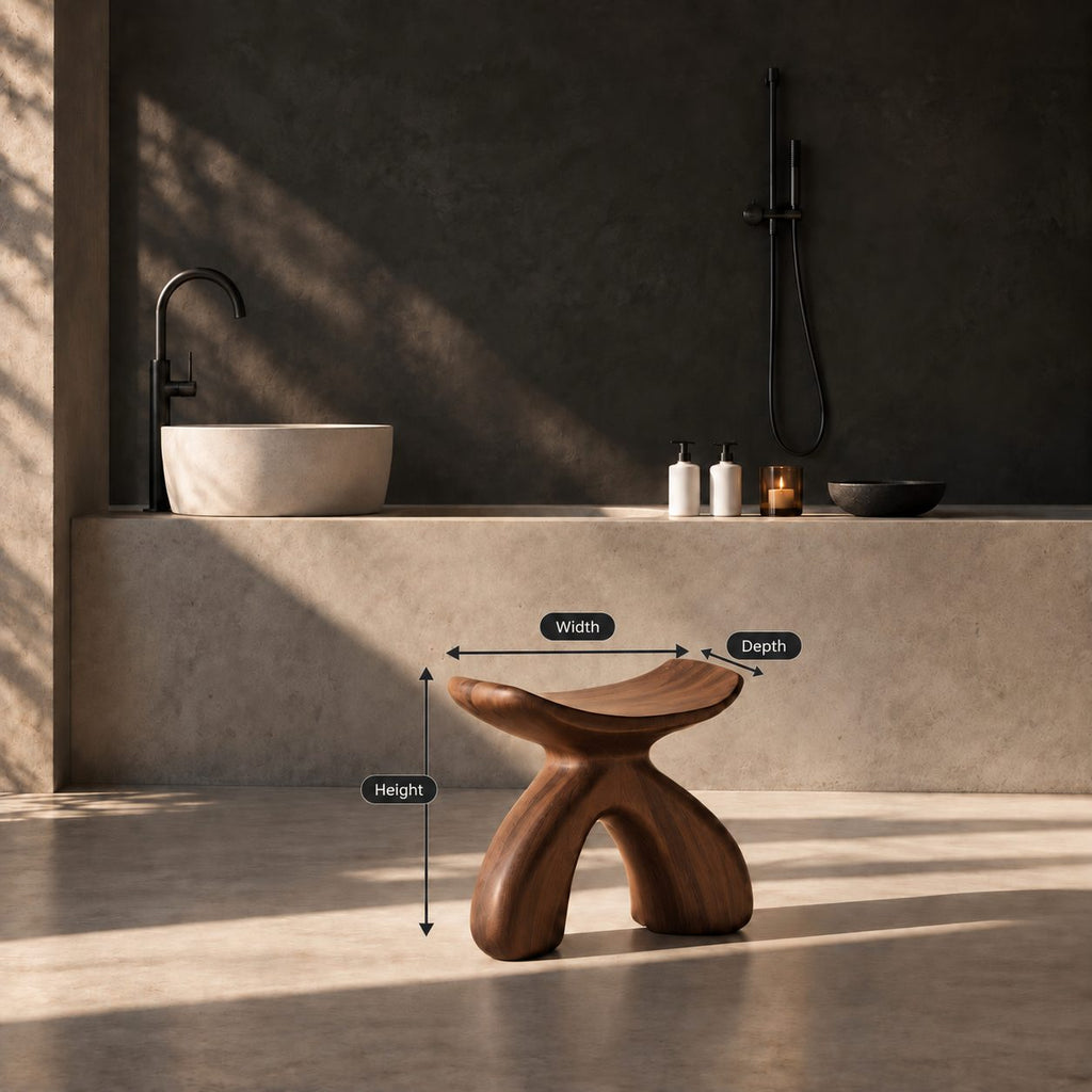 Rounded Wishbone Shower Stool, Smooth Solid Wood Bath Seat with Saddle Top on a Soft Arched Base, 16 Inch