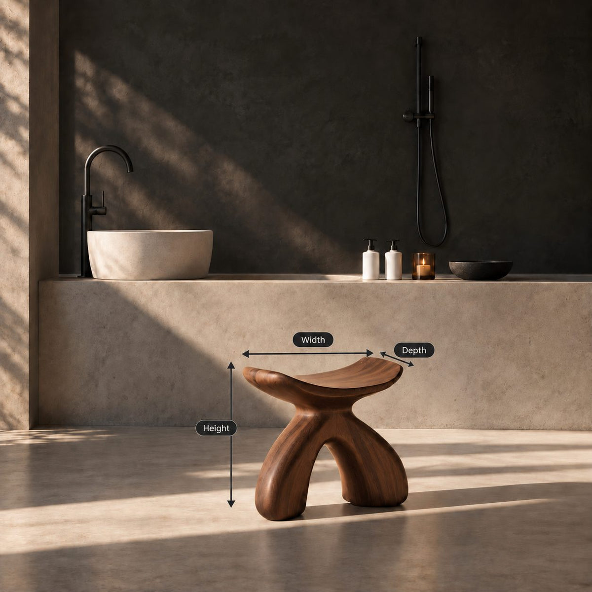 Rounded Wishbone Shower Stool, Smooth Solid Wood Bath Seat with Saddle Top on a Soft Arched Base, 16 Inch
