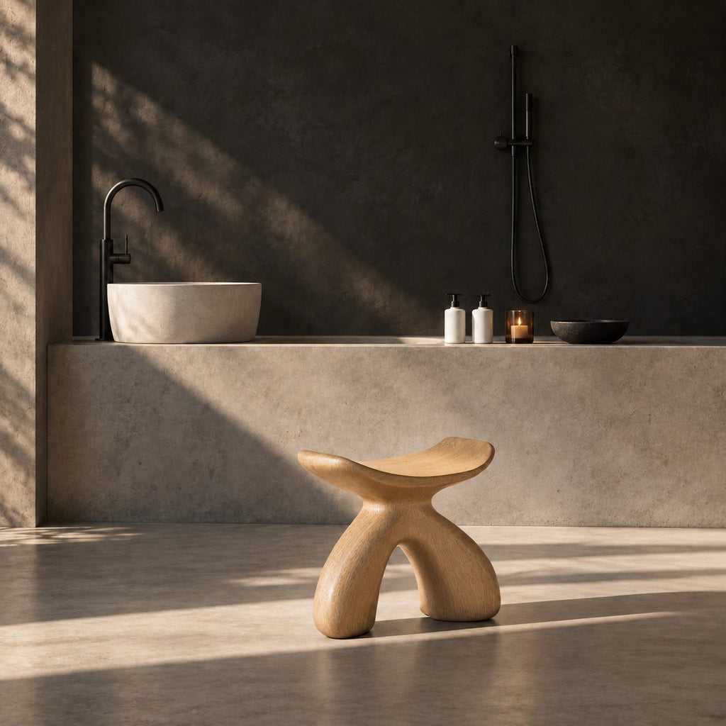 Rounded Wishbone Shower Stool, Smooth Solid Wood Bath Seat with Saddle Top on a Soft Arched Base, 16 Inch