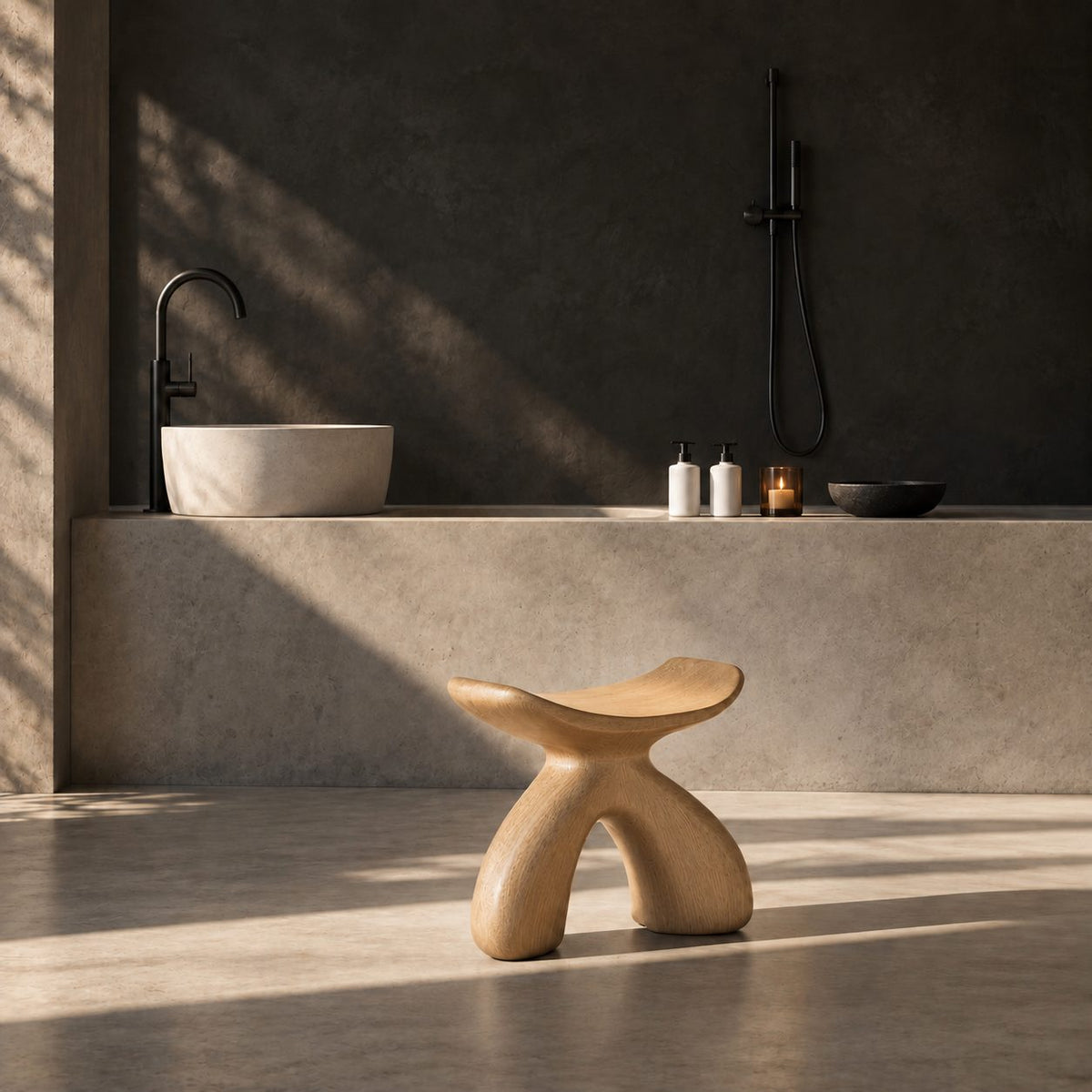 Rounded Wishbone Shower Stool, Smooth Solid Wood Bath Seat with Saddle Top on a Soft Arched Base, 16 Inch