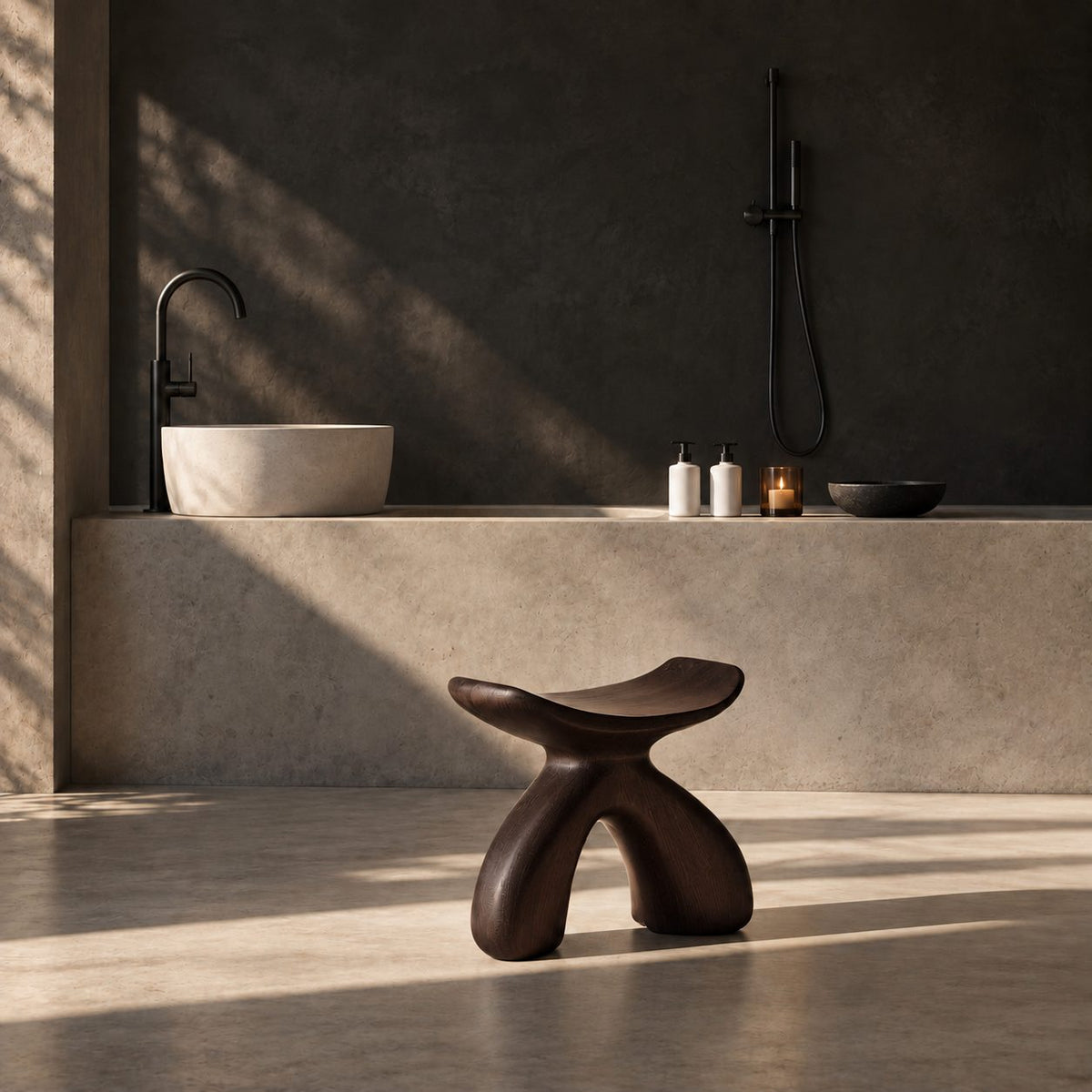 Rounded Wishbone Shower Stool, Smooth Solid Wood Bath Seat with Saddle Top on a Soft Arched Base, 16 Inch