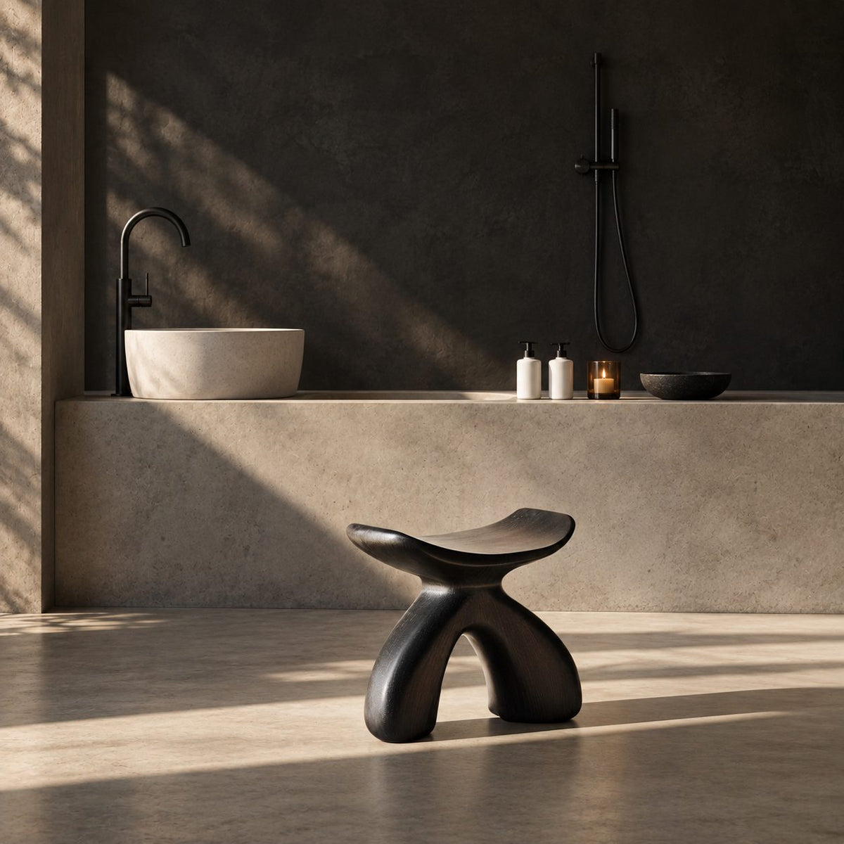 Rounded Wishbone Shower Stool, Smooth Solid Wood Bath Seat with Saddle Top on a Soft Arched Base, 16 Inch