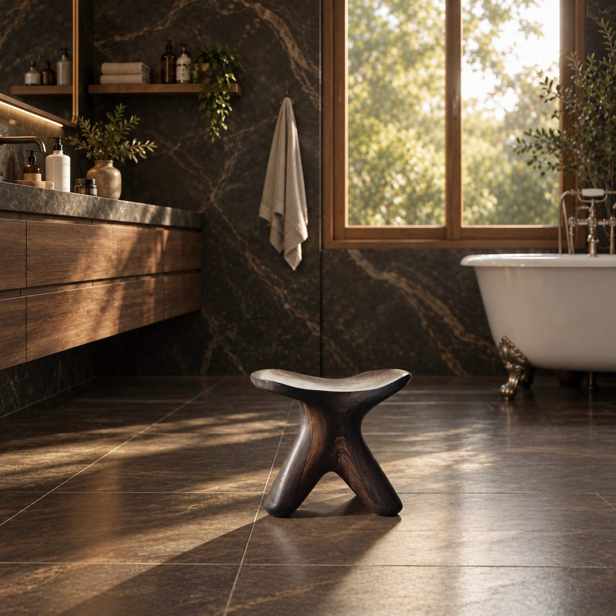 Starfish Base Shower Stool, Small Carved Solid Wood Bath Stool with Branching Curved Legs, 12 Inch