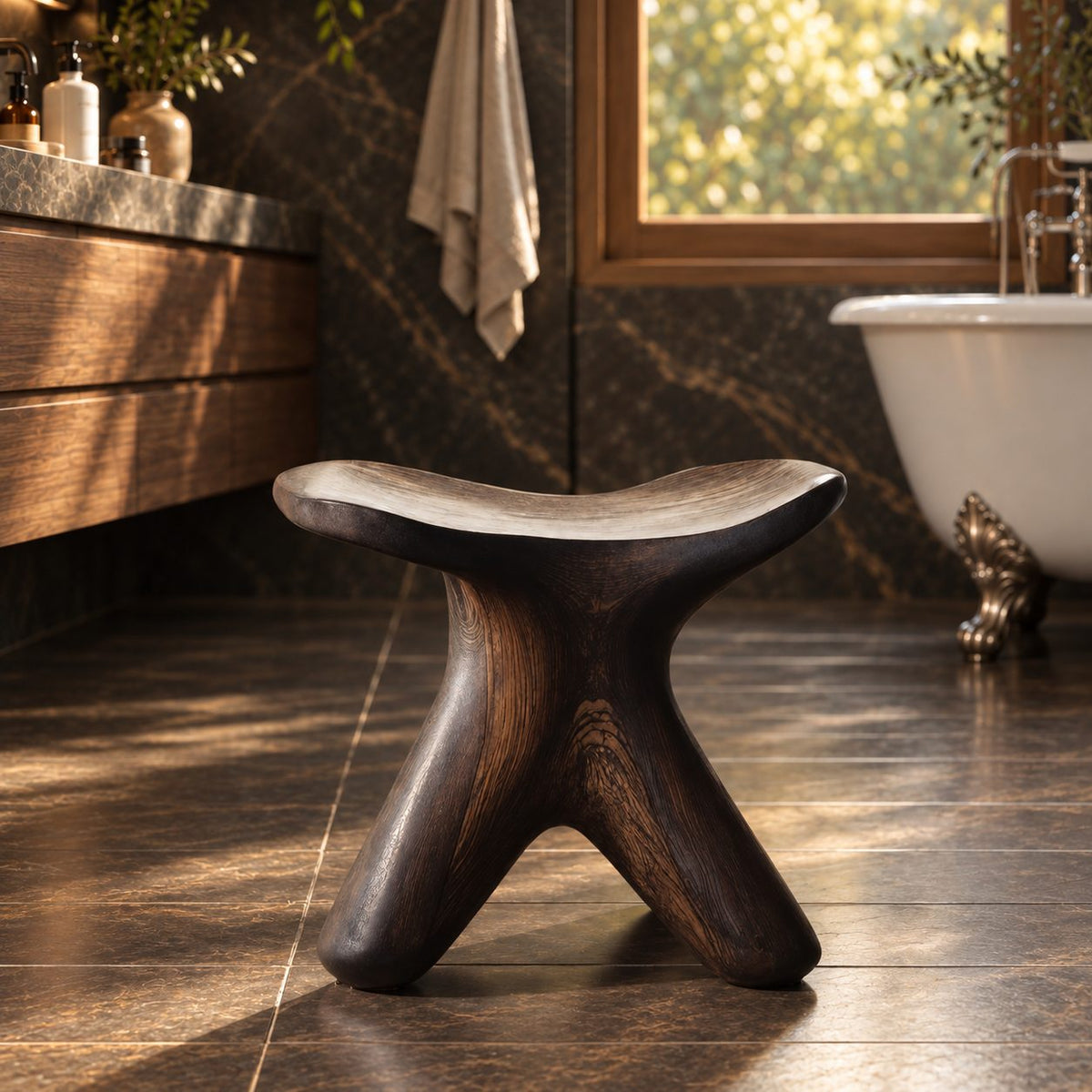 Starfish Base Shower Stool, Small Carved Solid Wood Bath Stool with Branching Curved Legs, 12 Inch