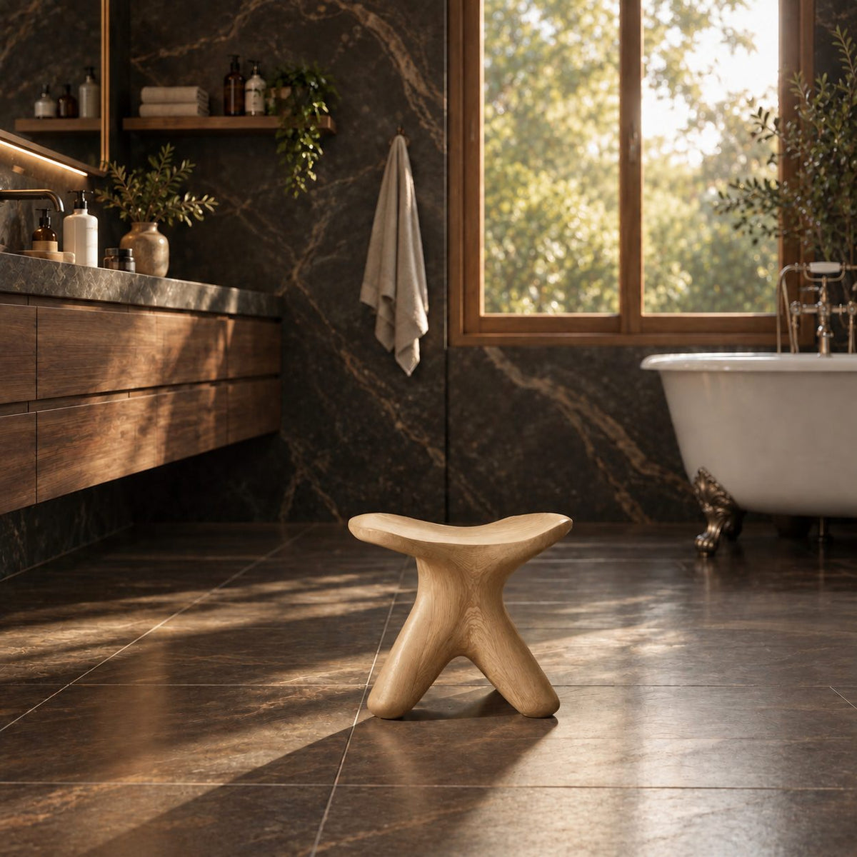 Starfish Base Shower Stool, Small Carved Solid Wood Bath Stool with Branching Curved Legs, 12 Inch