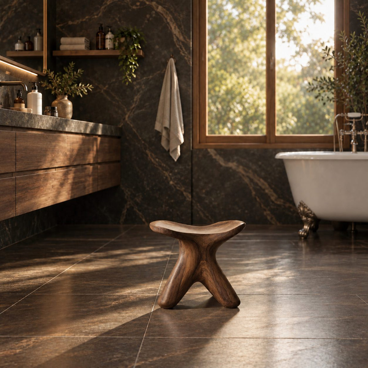 Starfish Base Shower Stool, Small Carved Solid Wood Bath Stool with Branching Curved Legs, 12 Inch