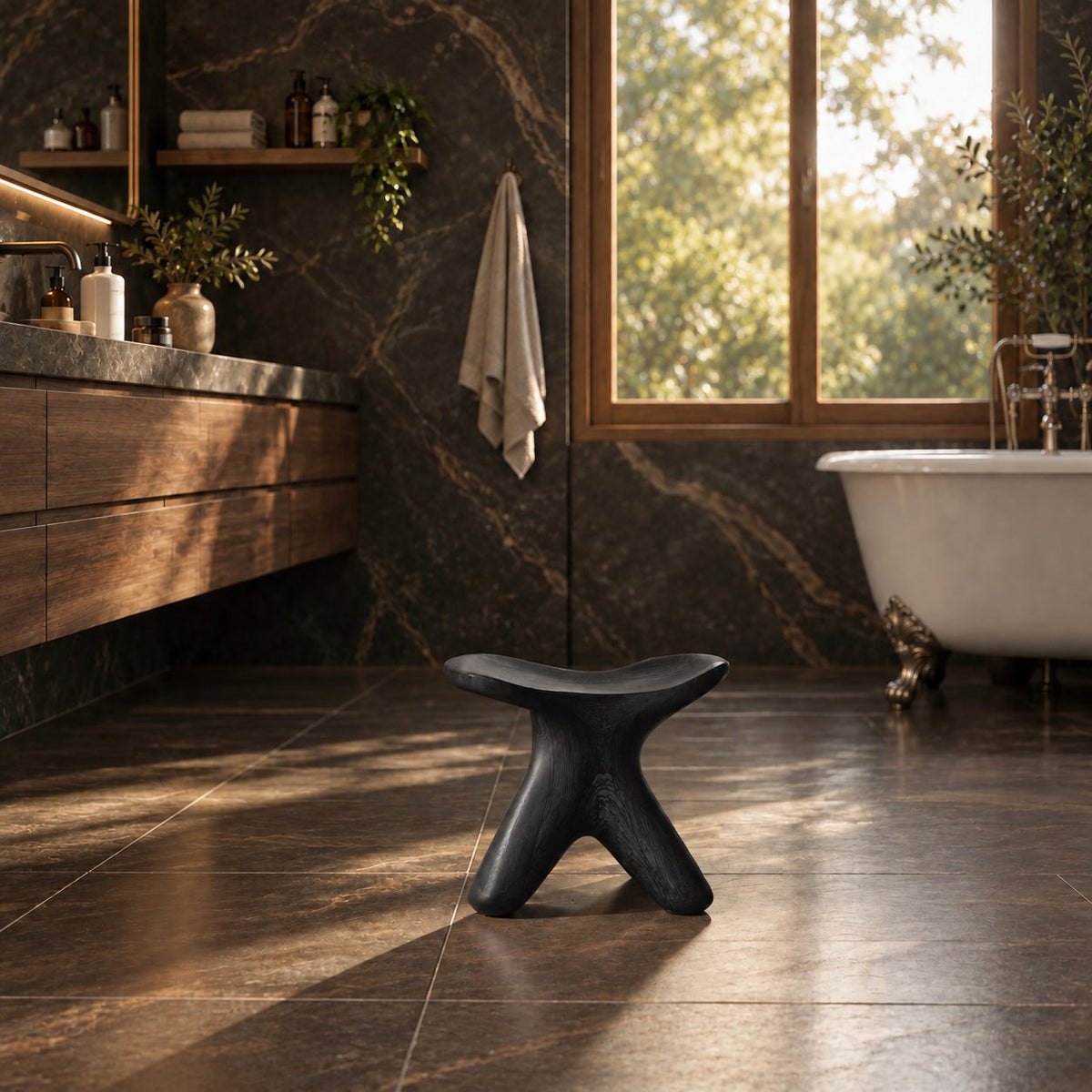 Starfish Base Shower Stool, Small Carved Solid Wood Bath Stool with Branching Curved Legs, 12 Inch