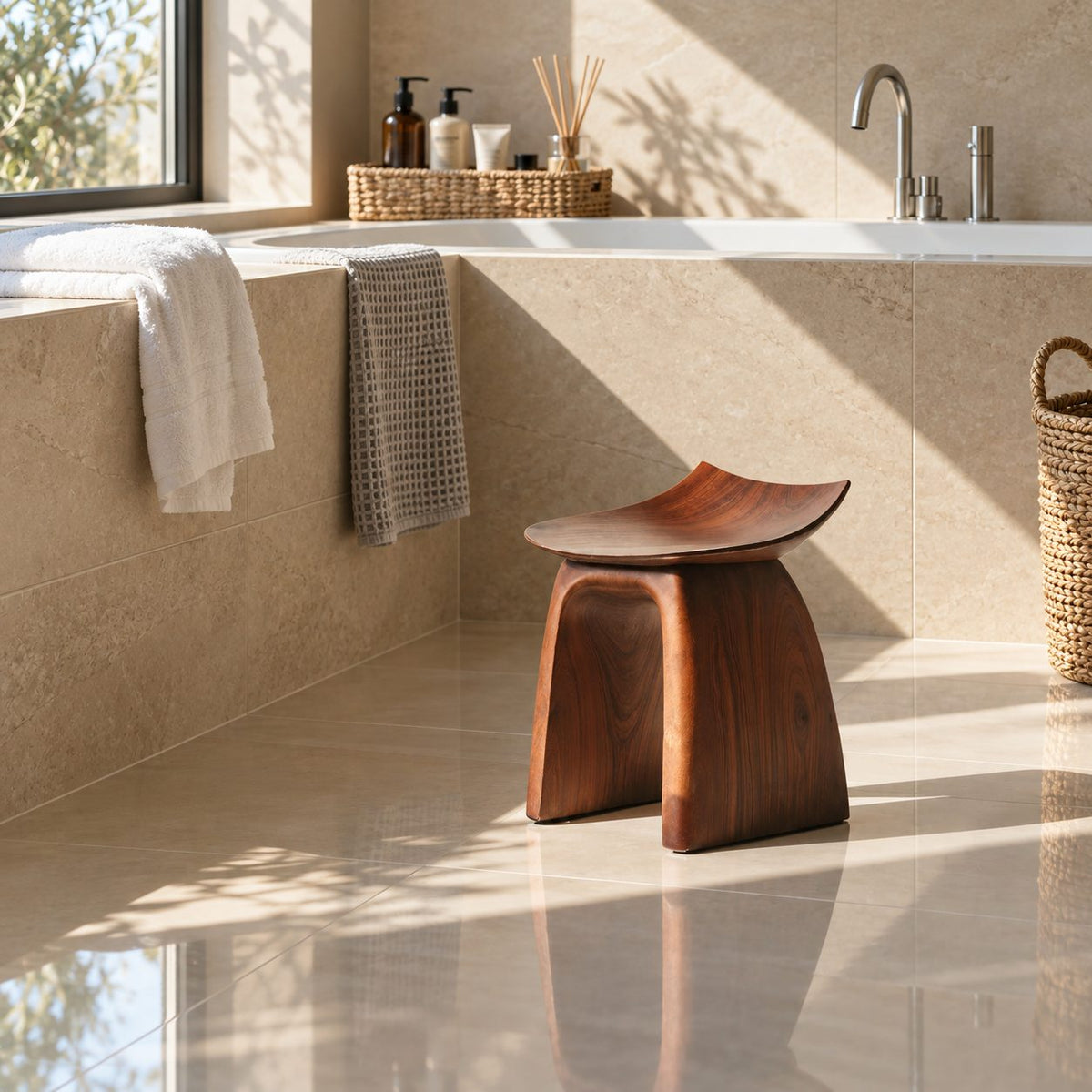 Bent Panel Shower Stool, Mid Century Solid Wood Bath Seat with Upturned Saddle Top and Flared Slab Legs, 14 Inch