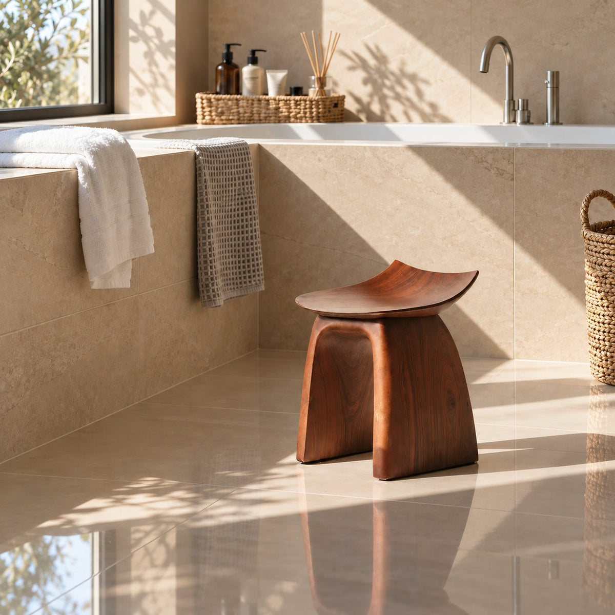 Bent Panel Shower Stool, Mid Century Solid Wood Bath Seat with Upturned Saddle Top and Flared Slab Legs, 14 Inch