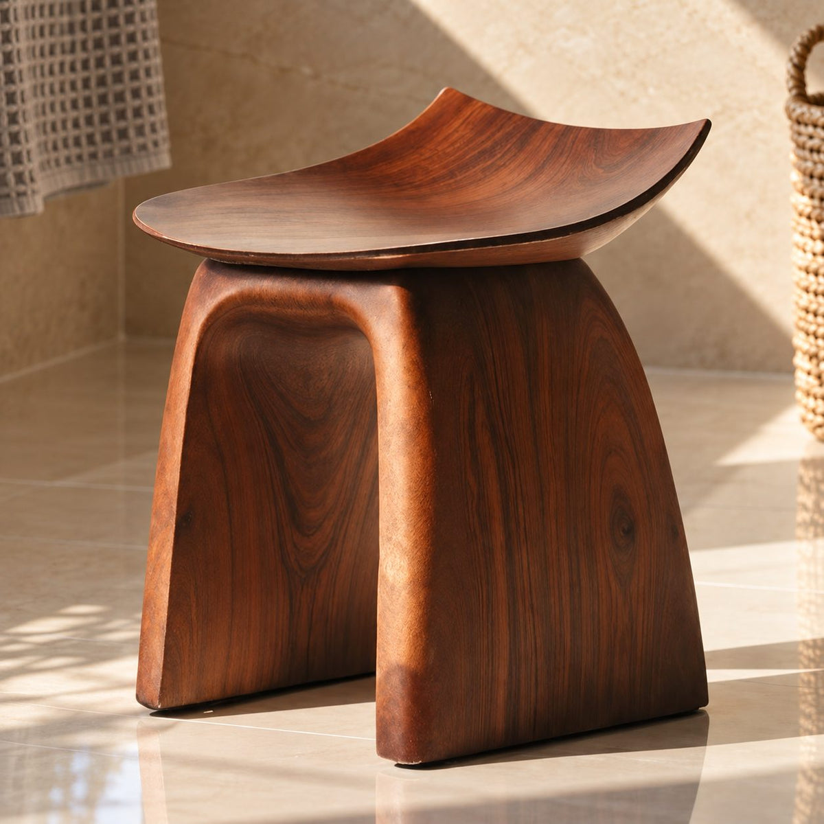 Bent Panel Shower Stool, Mid Century Solid Wood Bath Seat with Upturned Saddle Top and Flared Slab Legs, 14 Inch