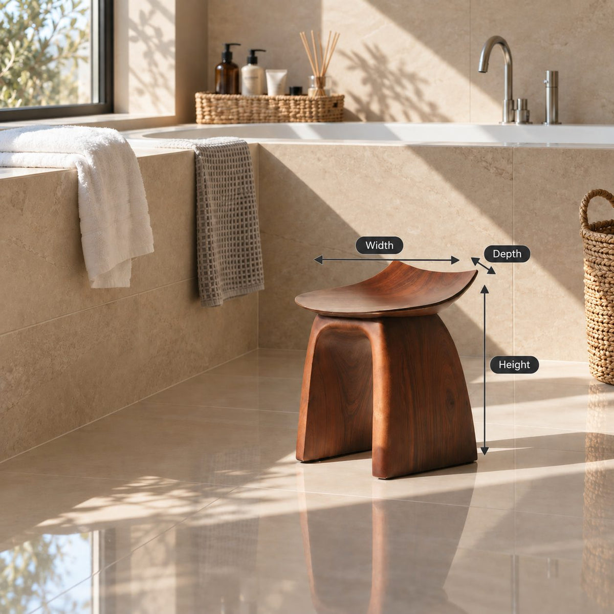 Bent Panel Shower Stool, Mid Century Solid Wood Bath Seat with Upturned Saddle Top and Flared Slab Legs, 14 Inch