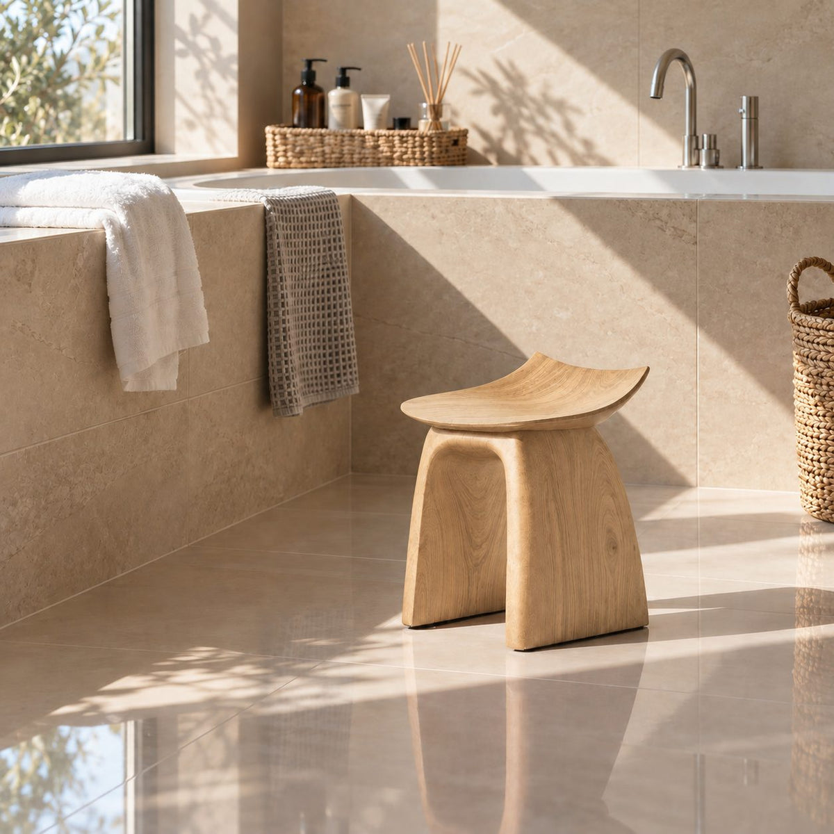 Bent Panel Shower Stool, Mid Century Solid Wood Bath Seat with Upturned Saddle Top and Flared Slab Legs, 14 Inch