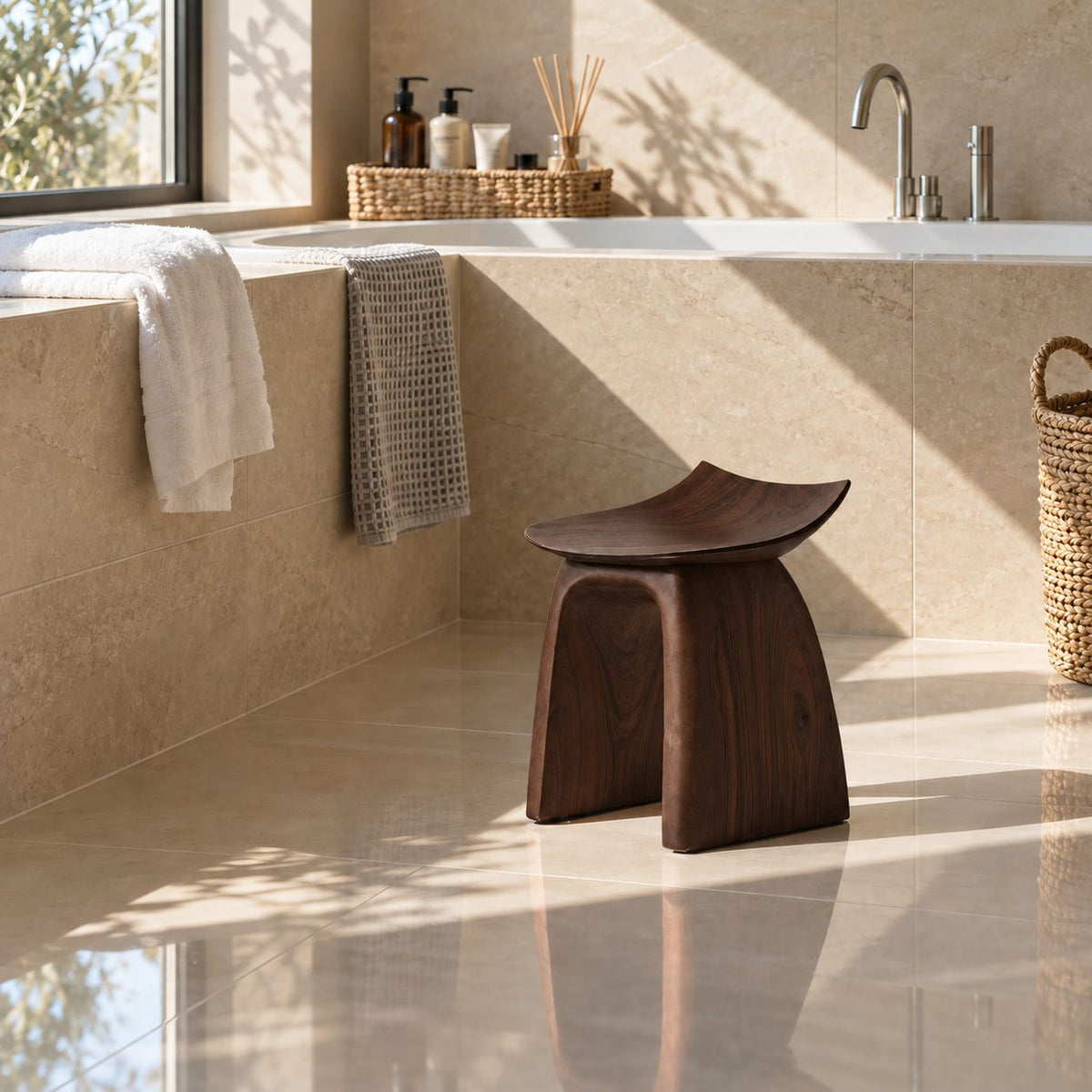 Bent Panel Shower Stool, Mid Century Solid Wood Bath Seat with Upturned Saddle Top and Flared Slab Legs, 14 Inch