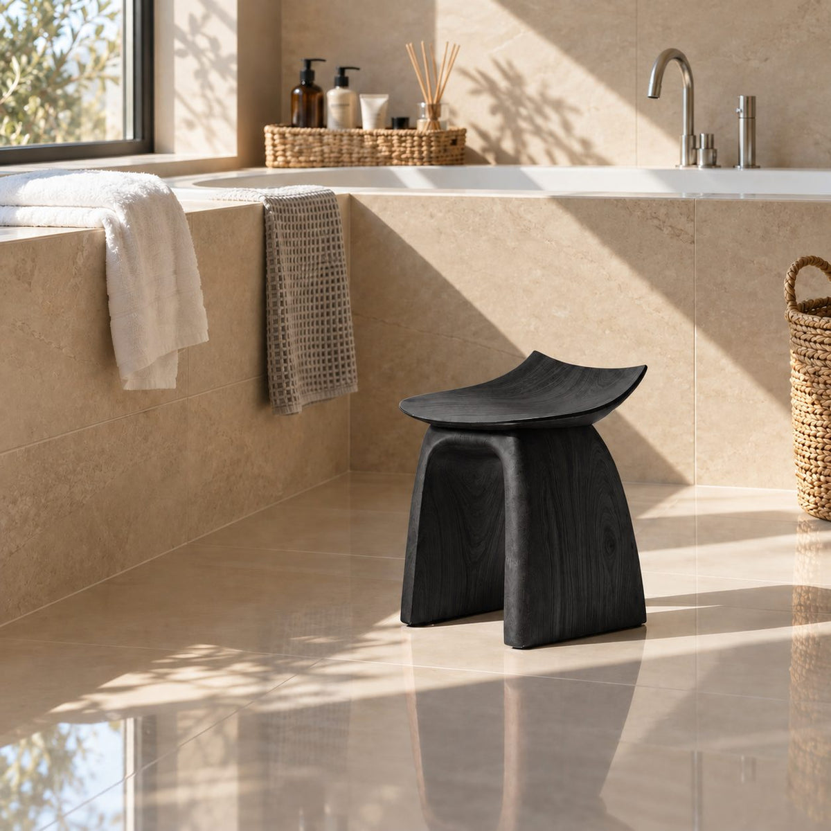 Bent Panel Shower Stool, Mid Century Solid Wood Bath Seat with Upturned Saddle Top and Flared Slab Legs, 14 Inch