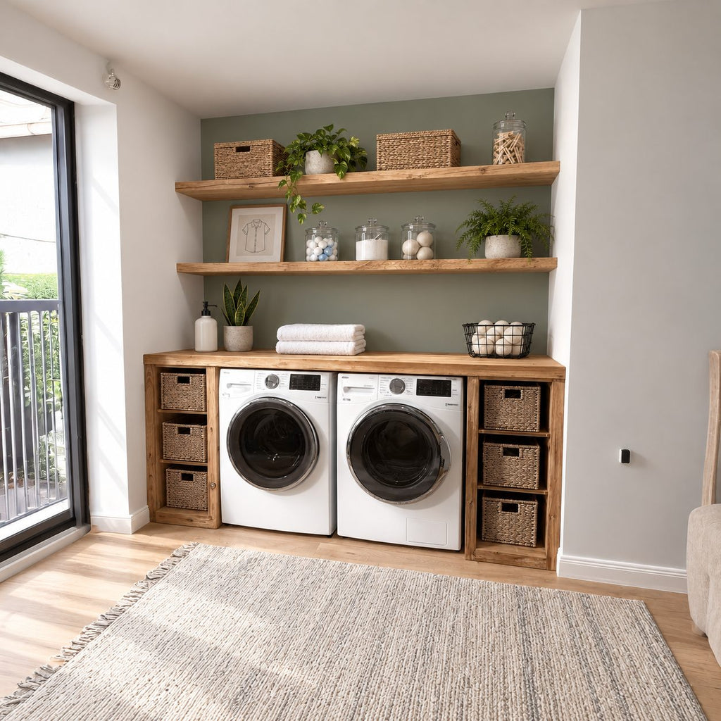 Washer Dryer Surround Laundry Cabinet with Twin Cubby Towers and Two Floating Shelves, Solid Wood