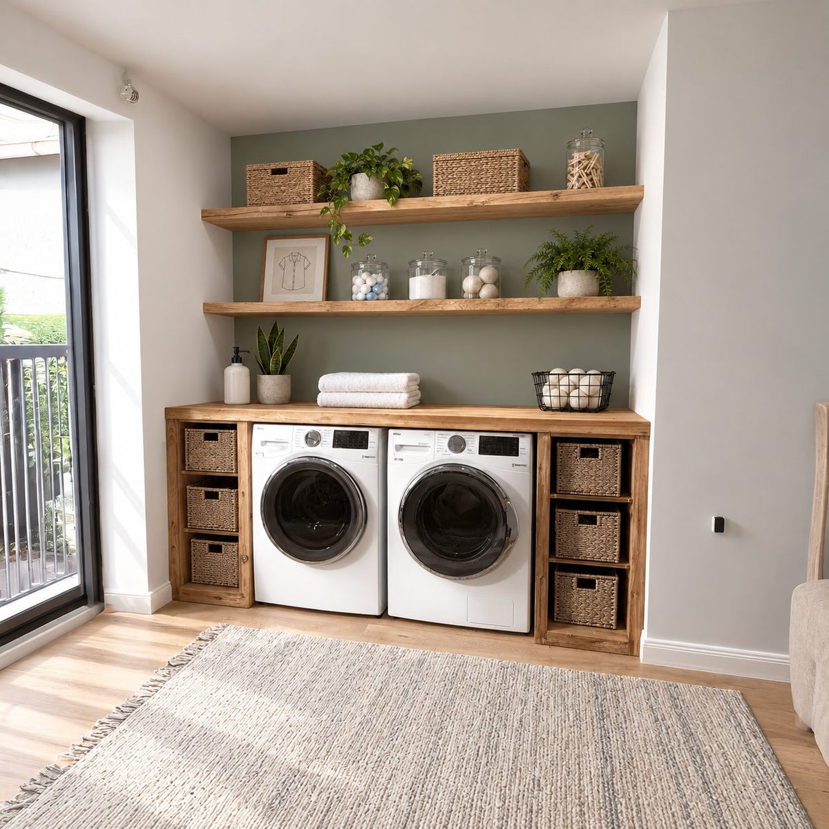 Washer Dryer Surround Laundry Cabinet with Twin Cubby Towers and Two Floating Shelves, Solid Wood